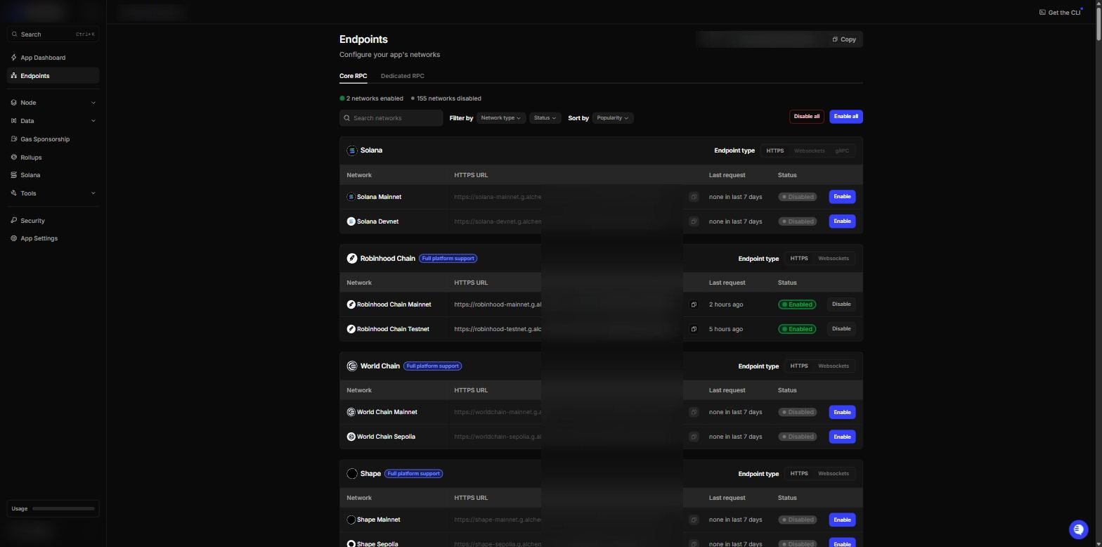 The Endpoints page with the Robinhood Chain Mainnet URL