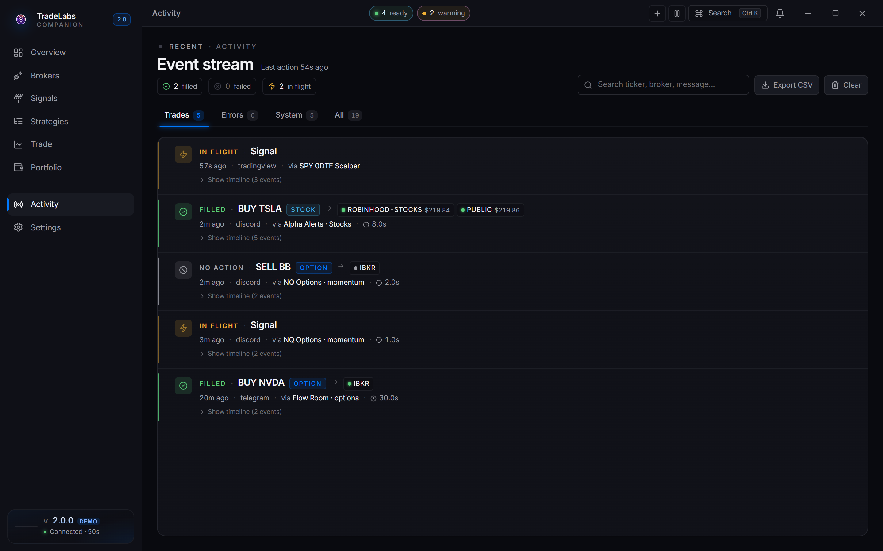 The Activity page in the app