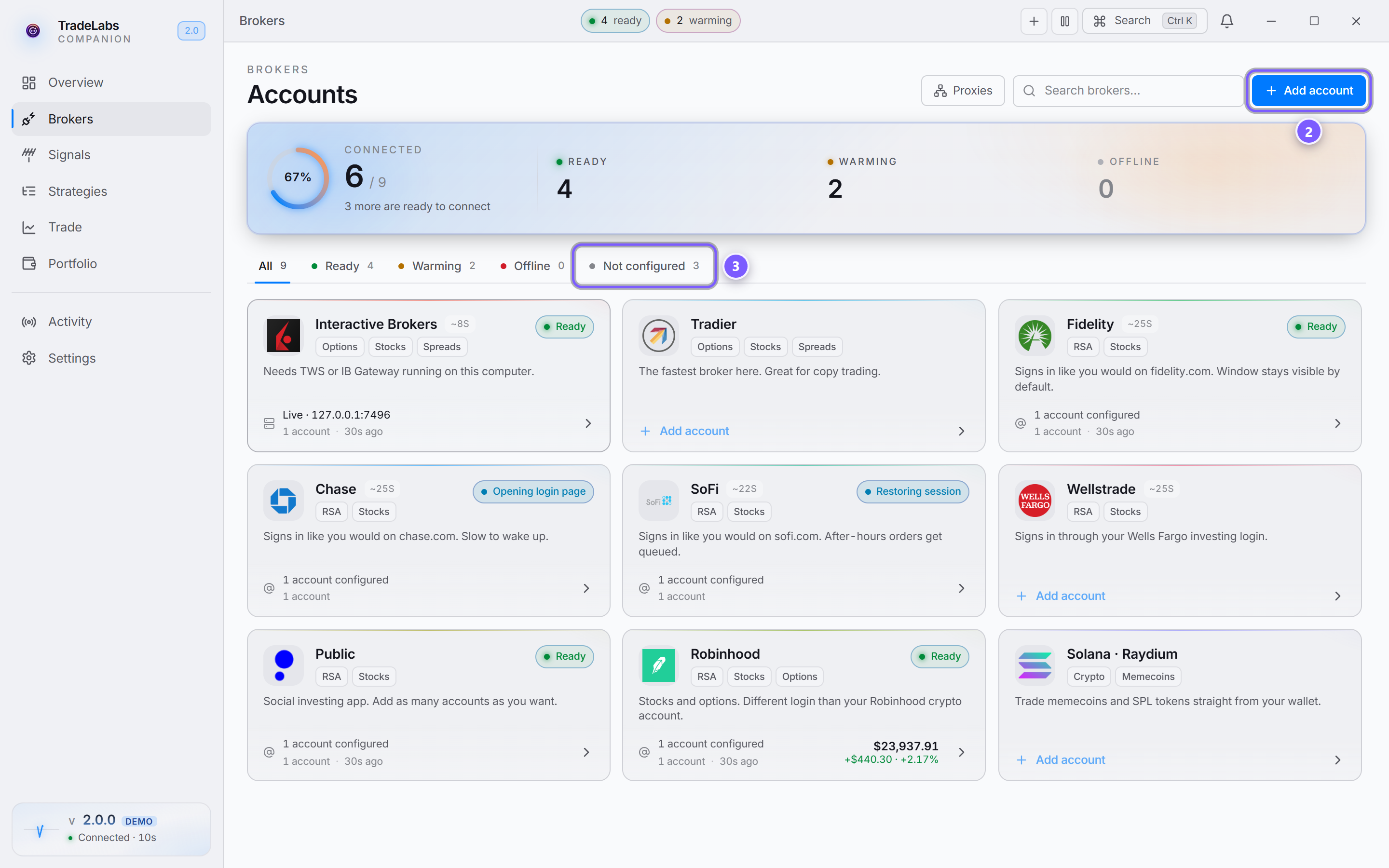 The Brokers page, with the connected count, the Add account button, and the filter tabs