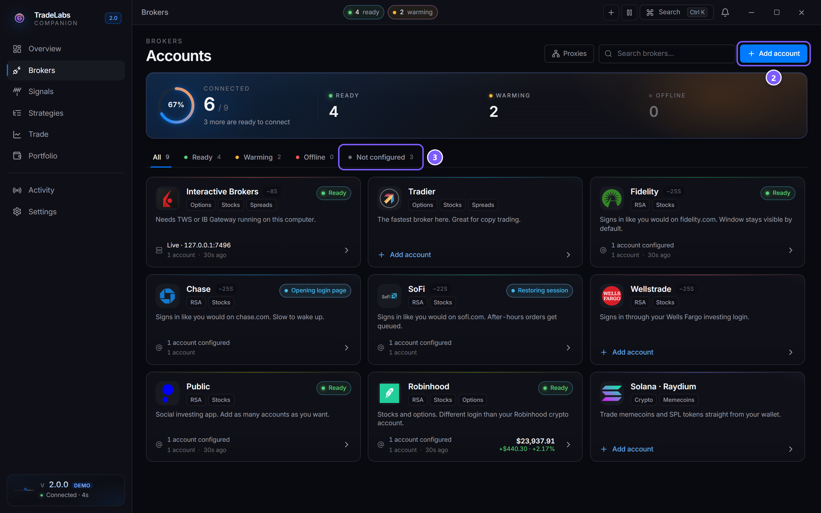 The Brokers page, with the connected count, the Add account button, and the filter tabs