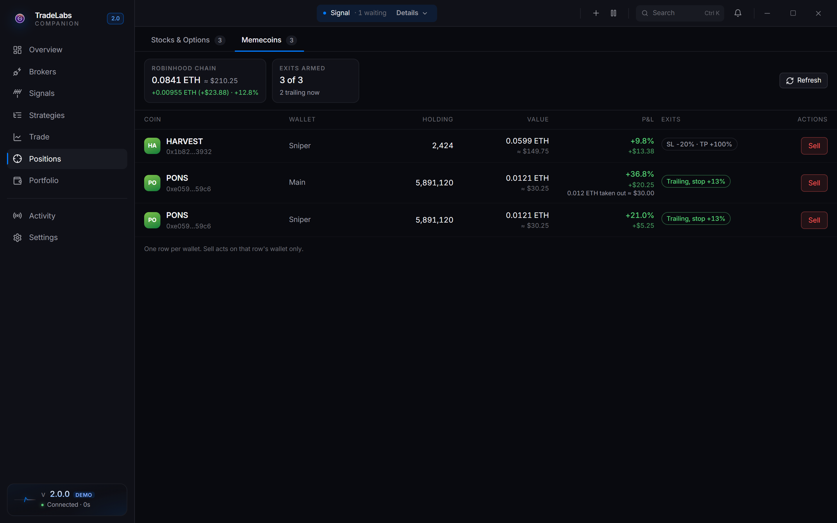 The Memecoins tab on the Positions page