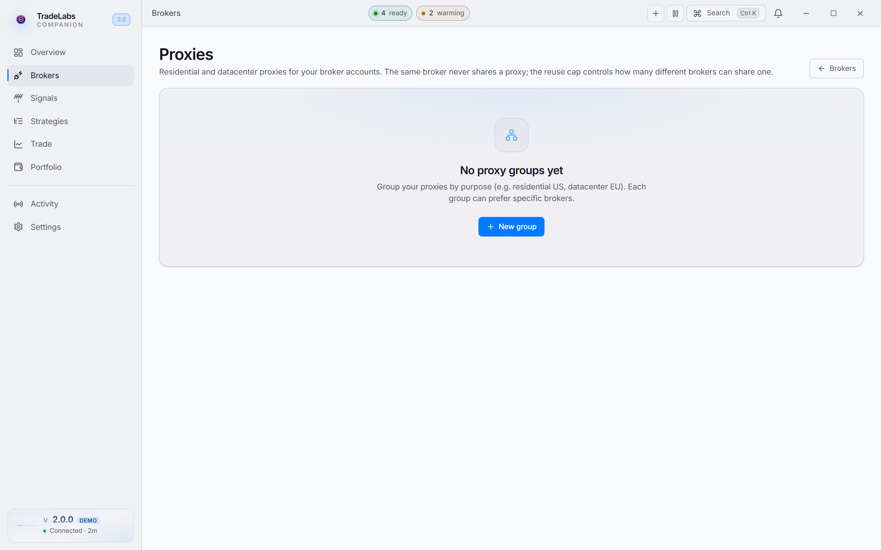 The Proxies page in the v2 app