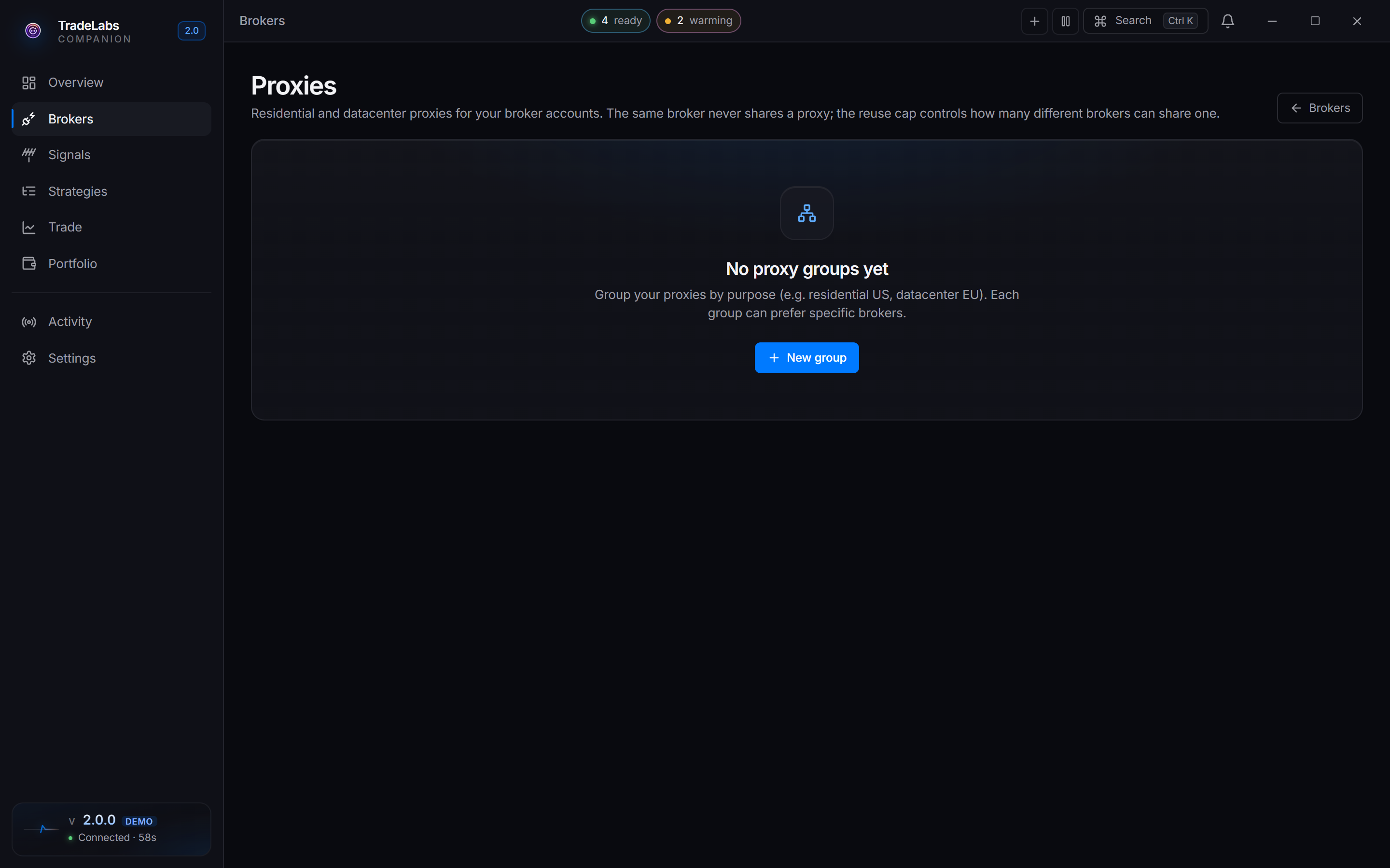 The Proxies page in the v2 app