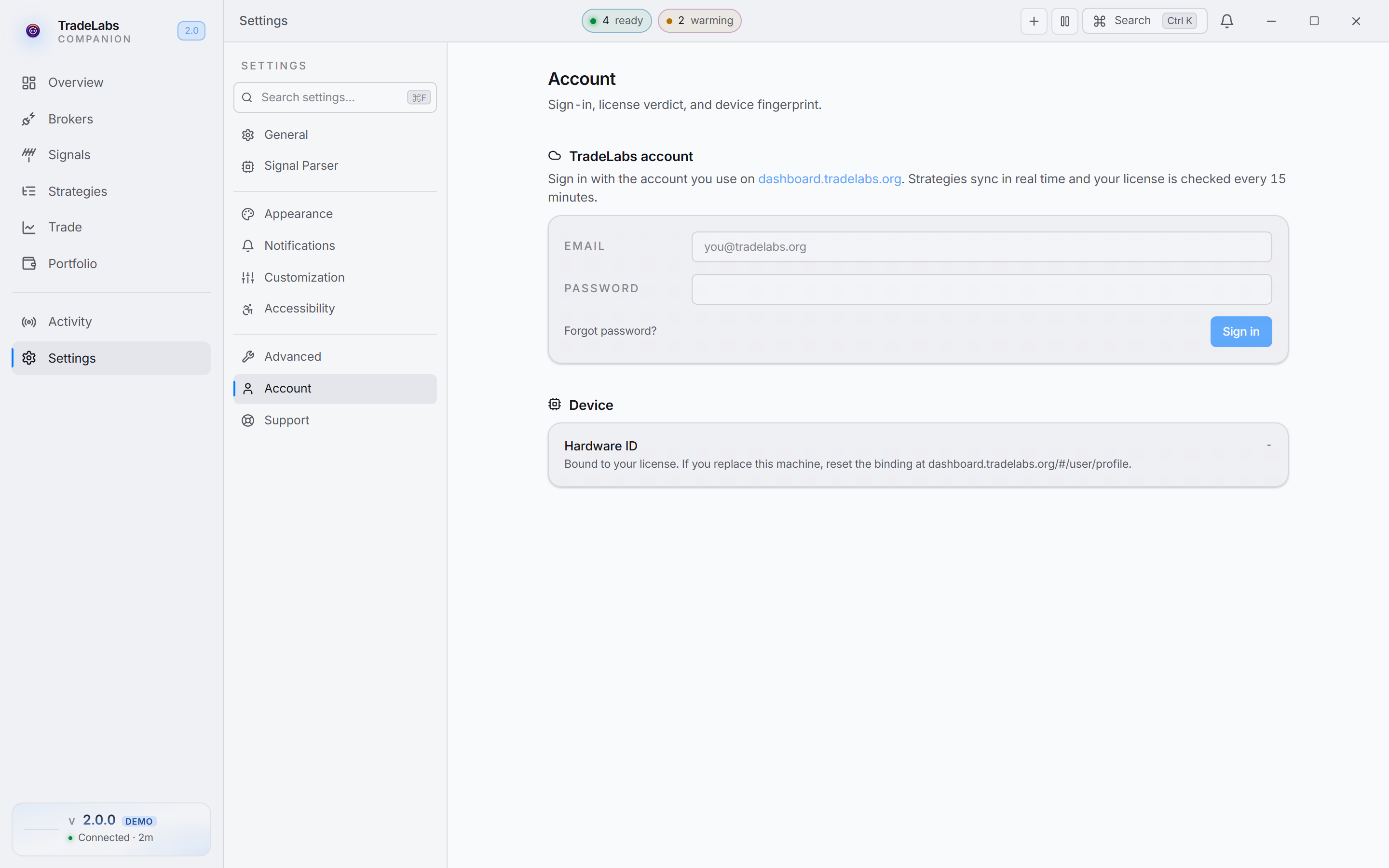 The Account settings tab