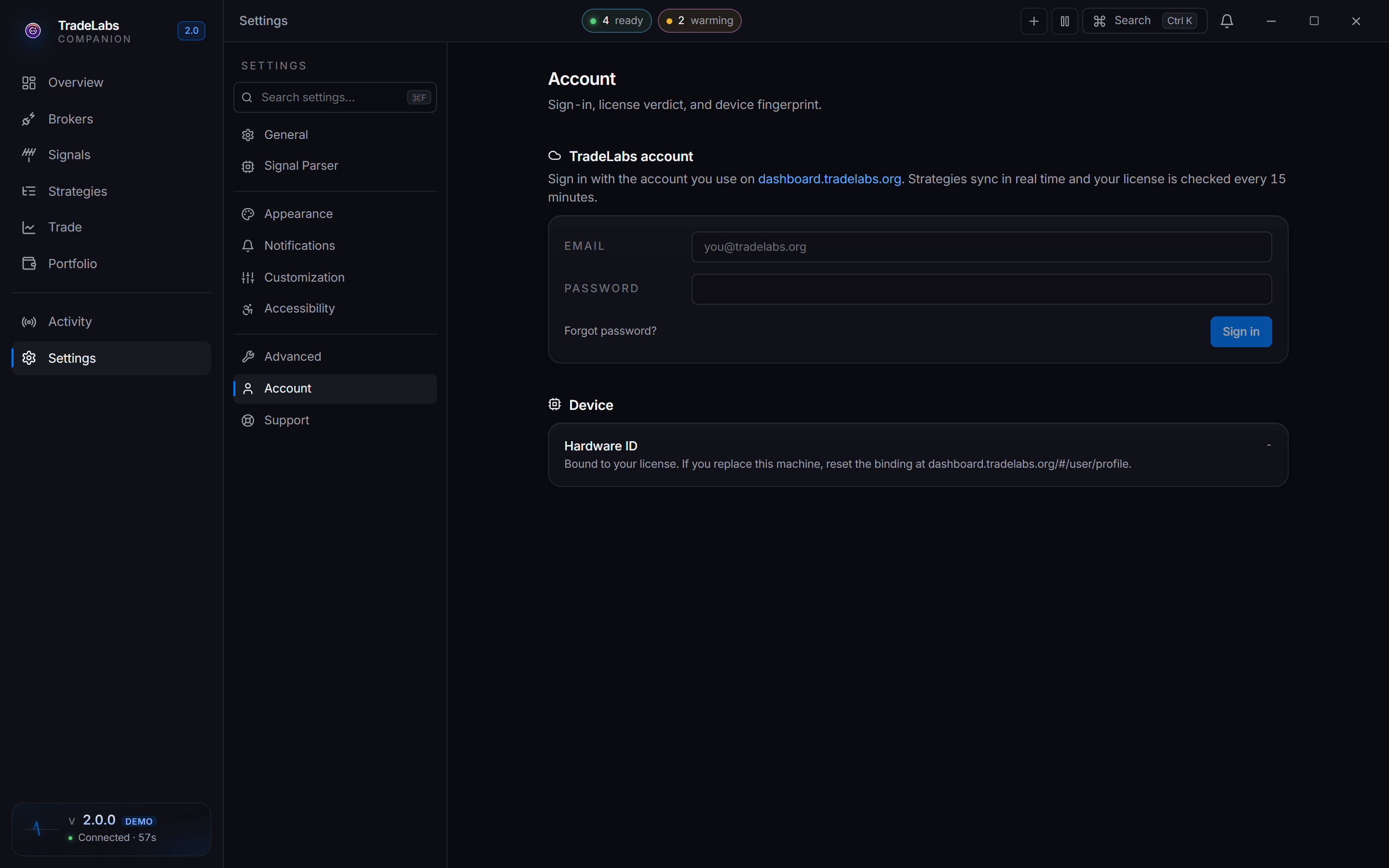 The Account settings tab