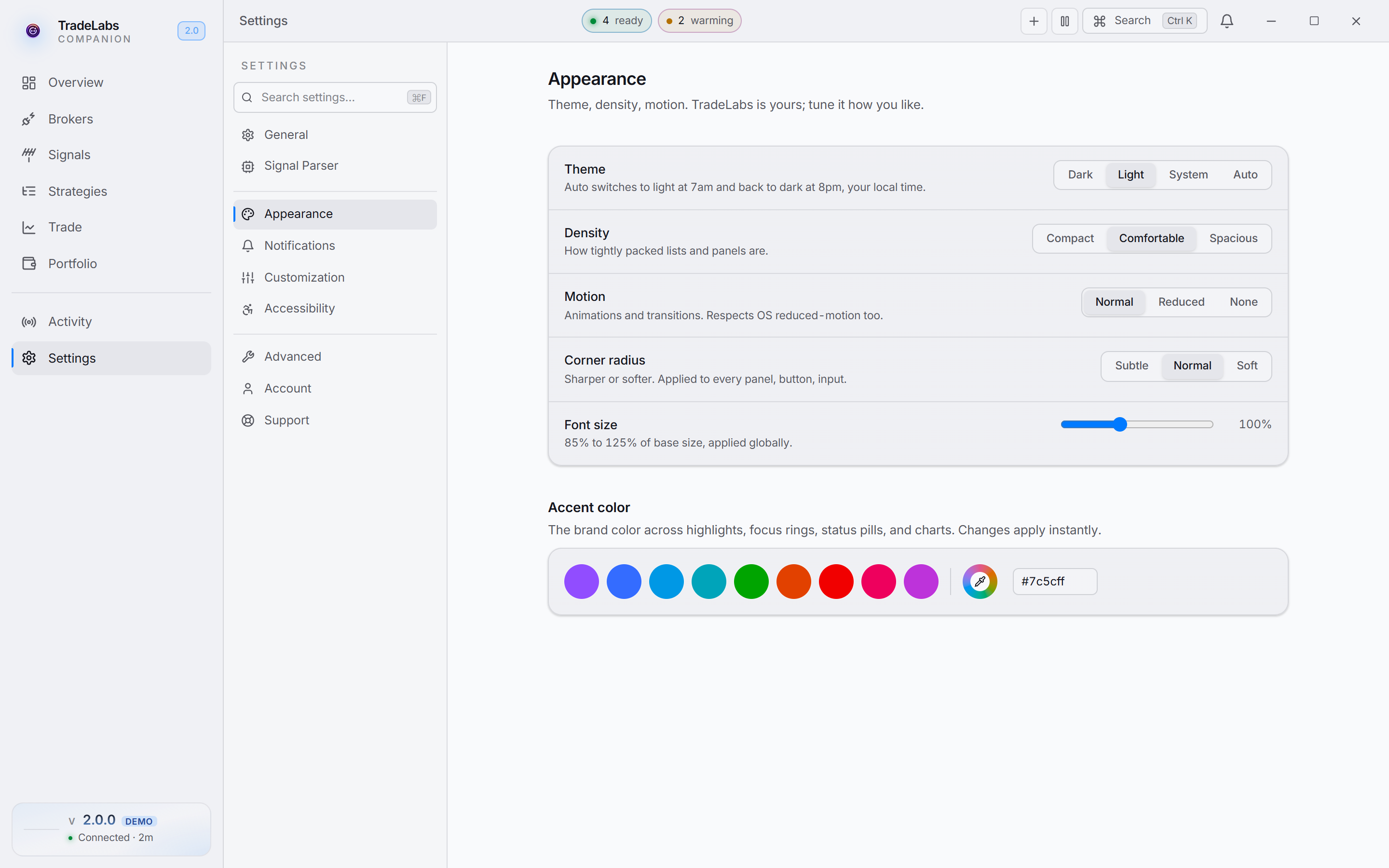The Appearance settings tab