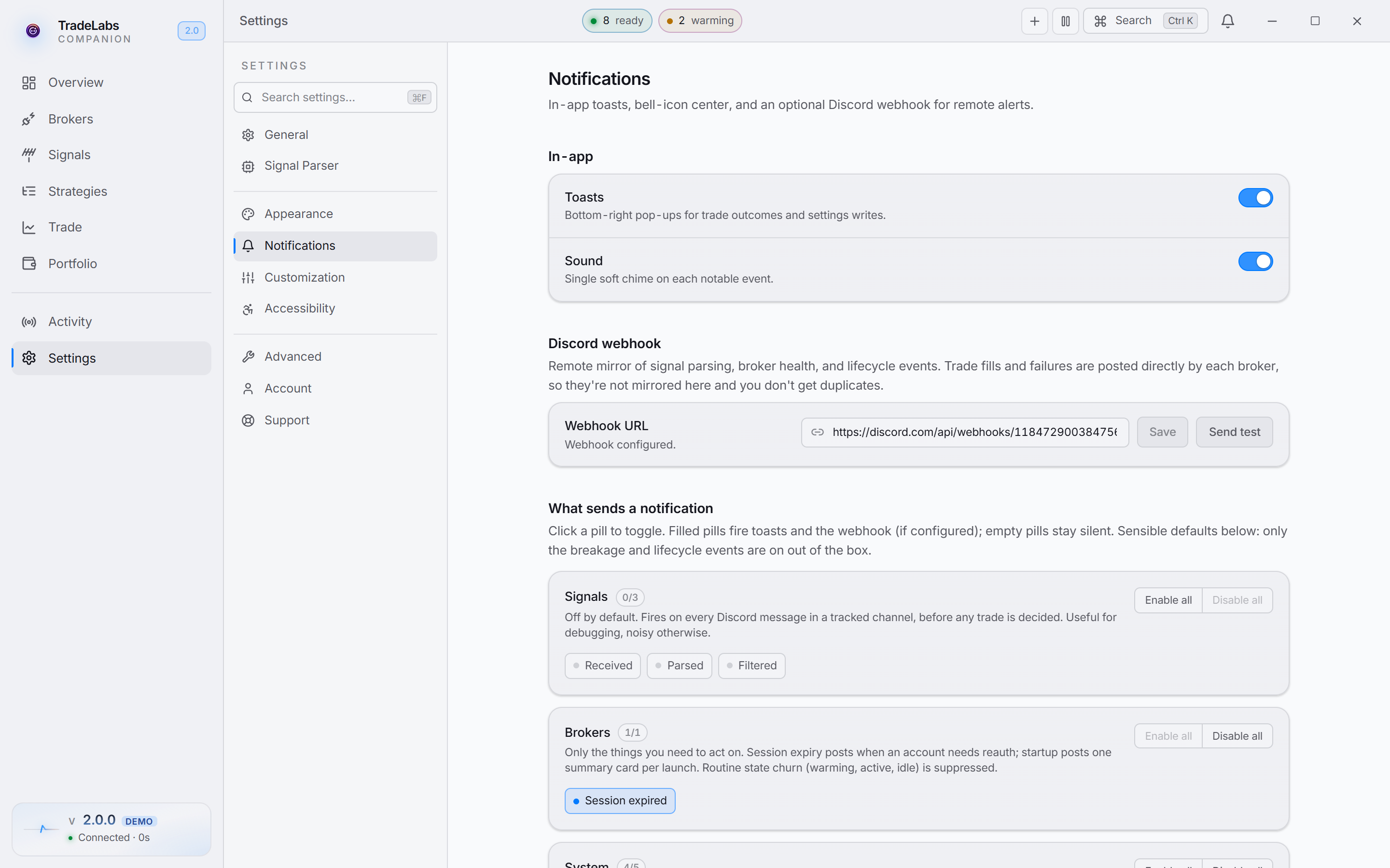 The Notifications settings tab