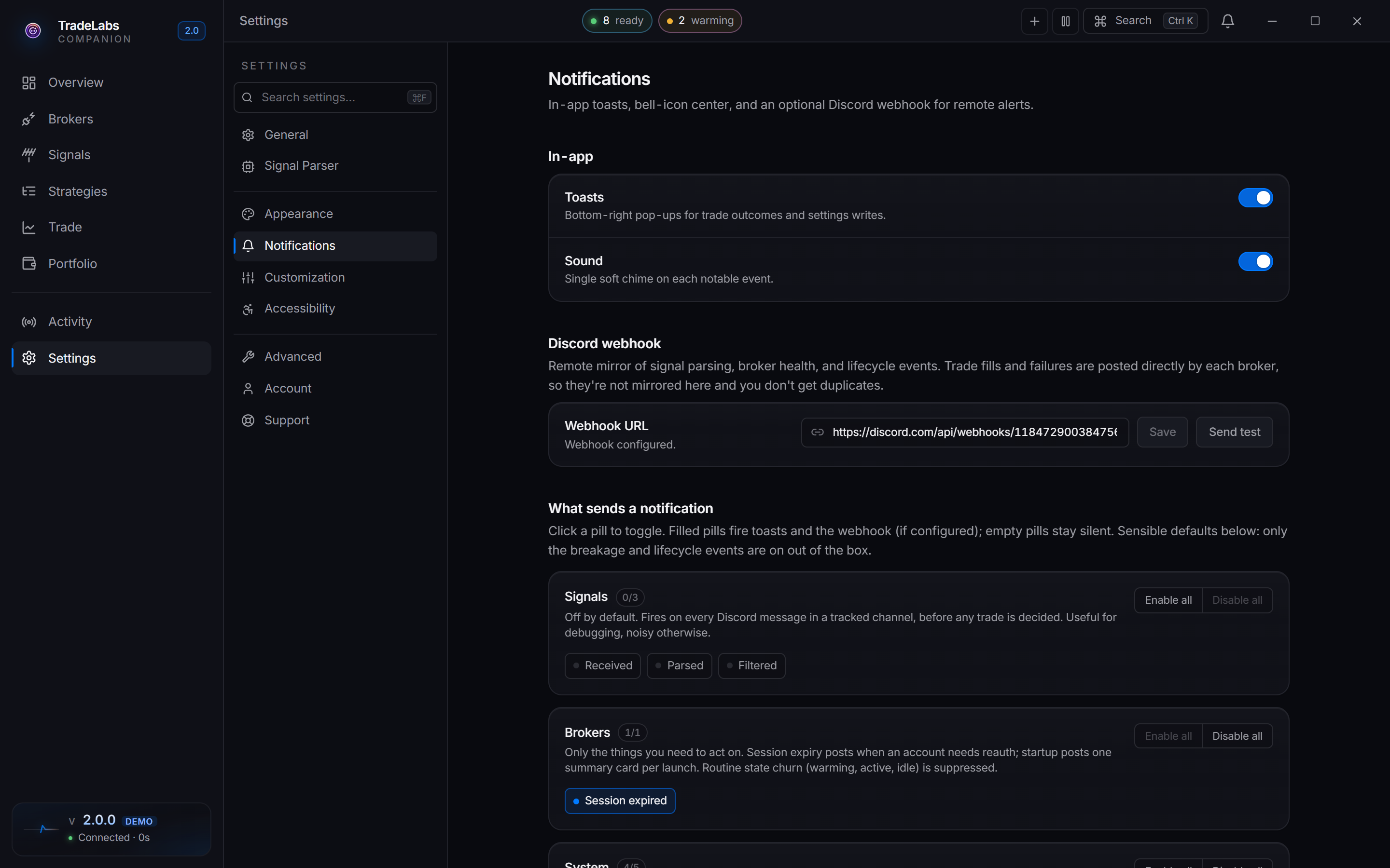 The Notifications settings tab