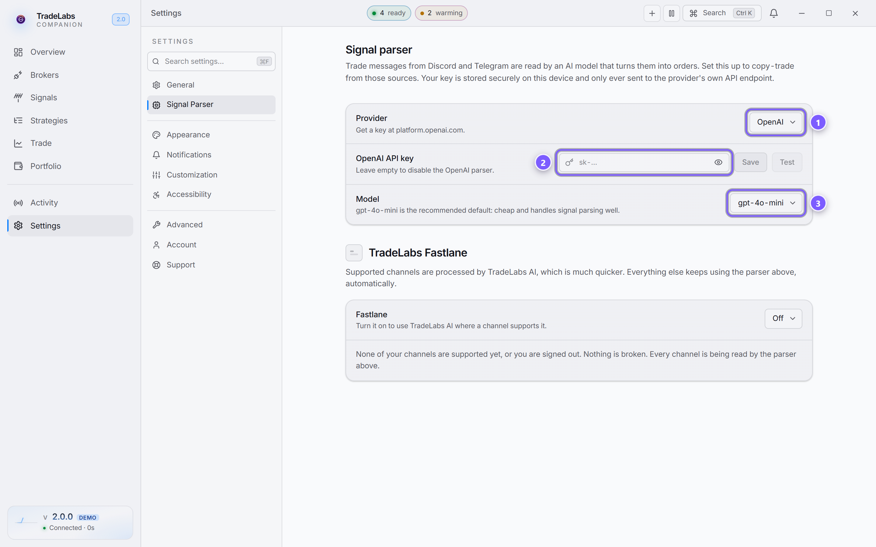 The Signal Parser tab in Settings, where you choose an AI provider, paste your API key, and pick a model