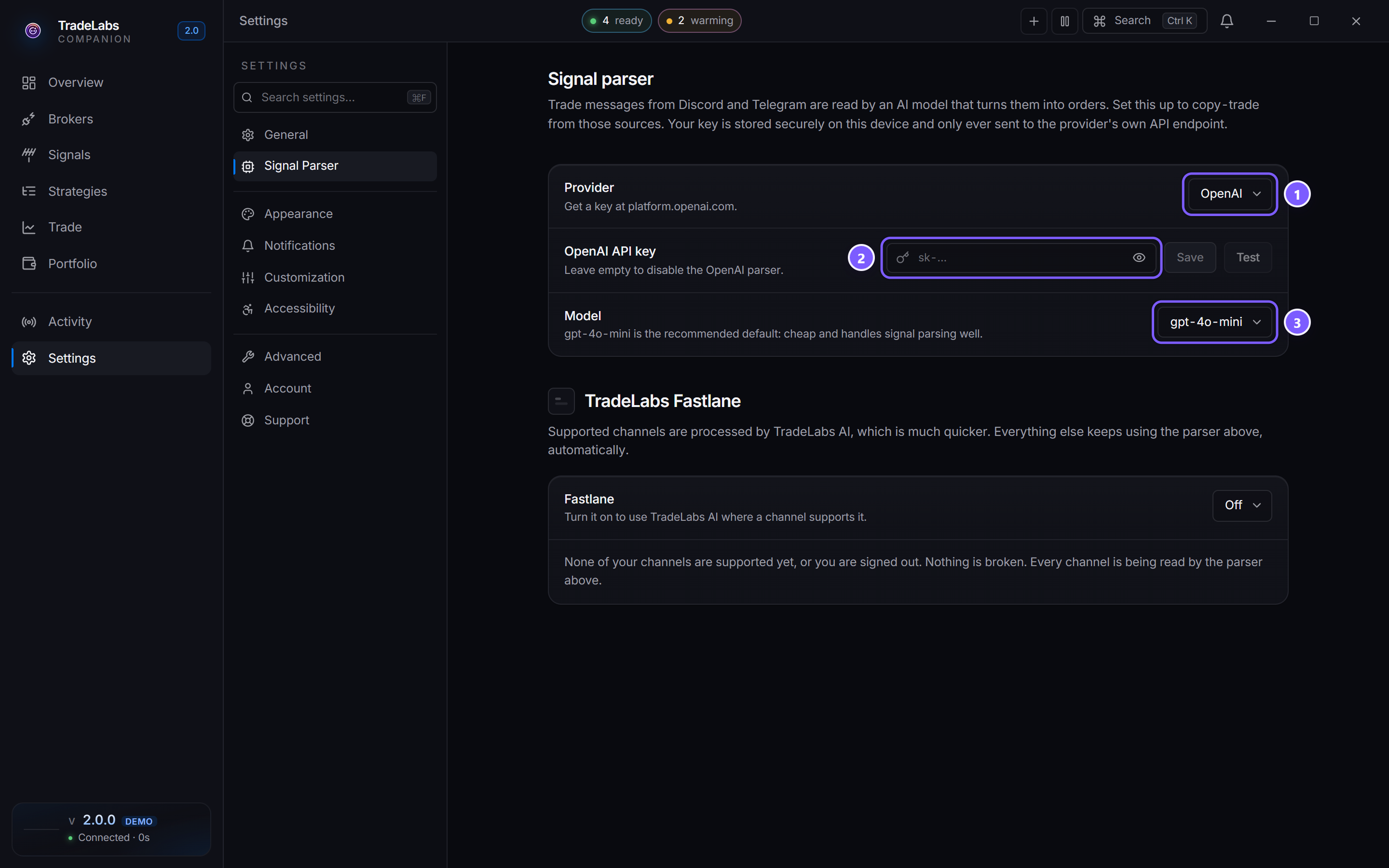 The Signal Parser tab in Settings, where you choose an AI provider, paste your API key, and pick a model