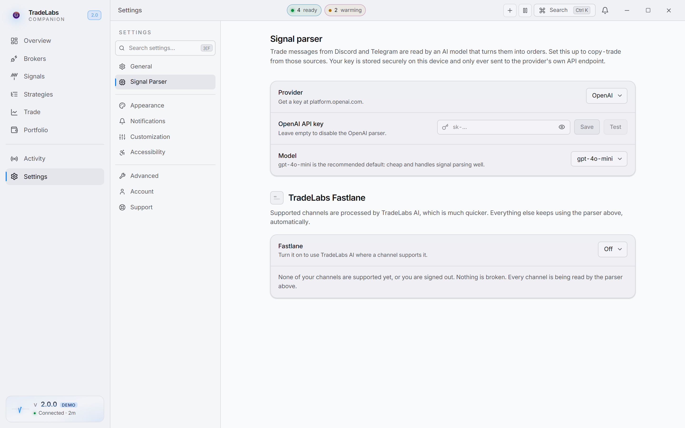 The Signal Parser settings tab