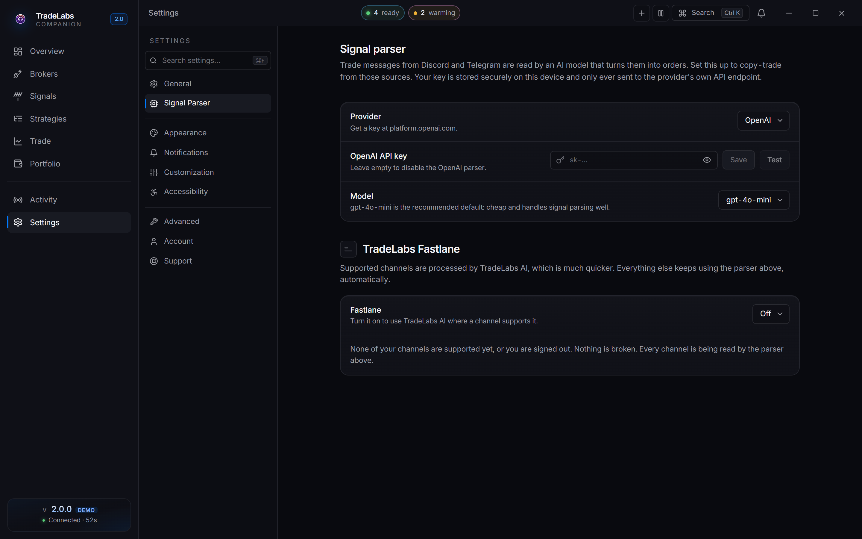 The Signal Parser settings tab