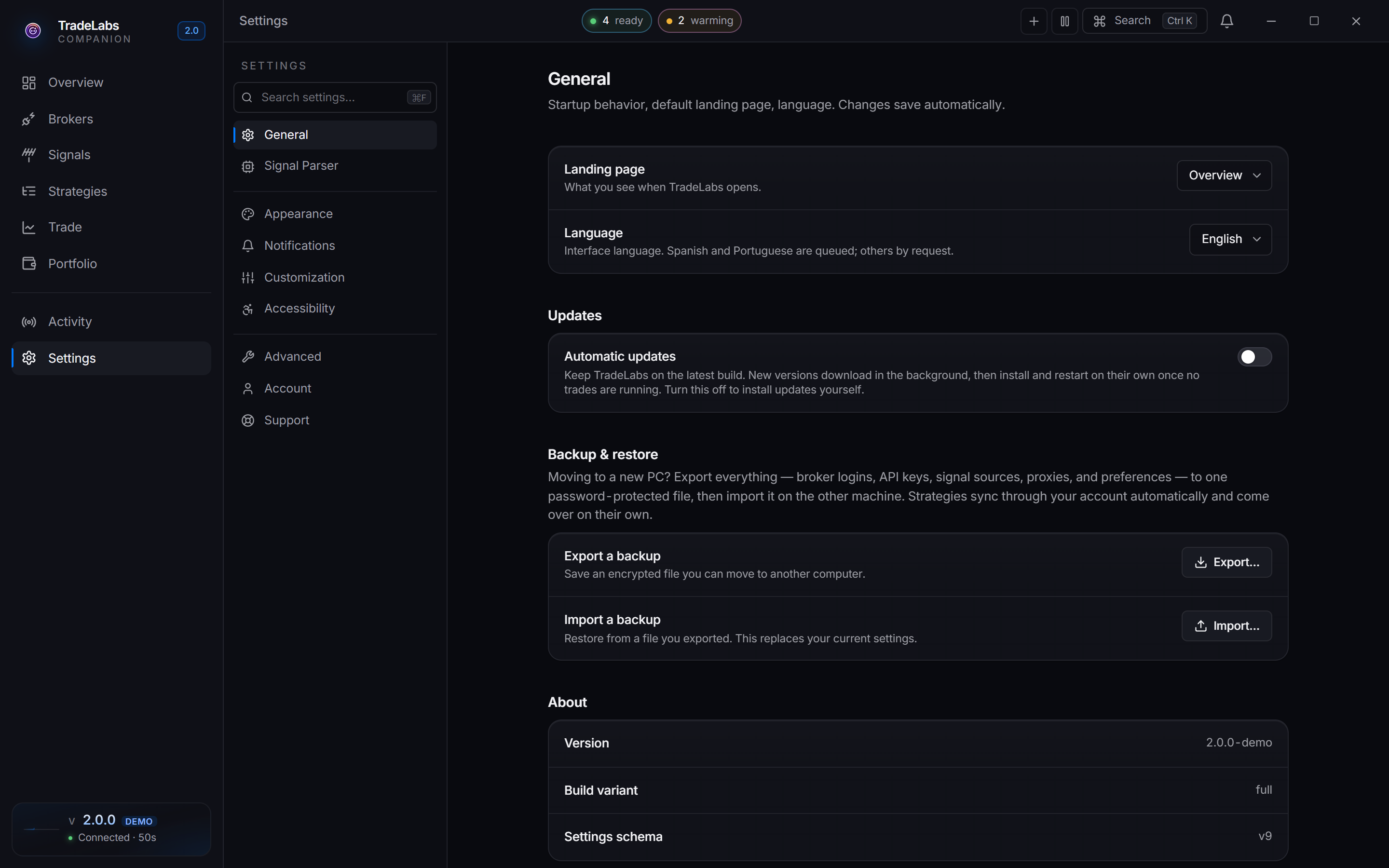 The Settings page