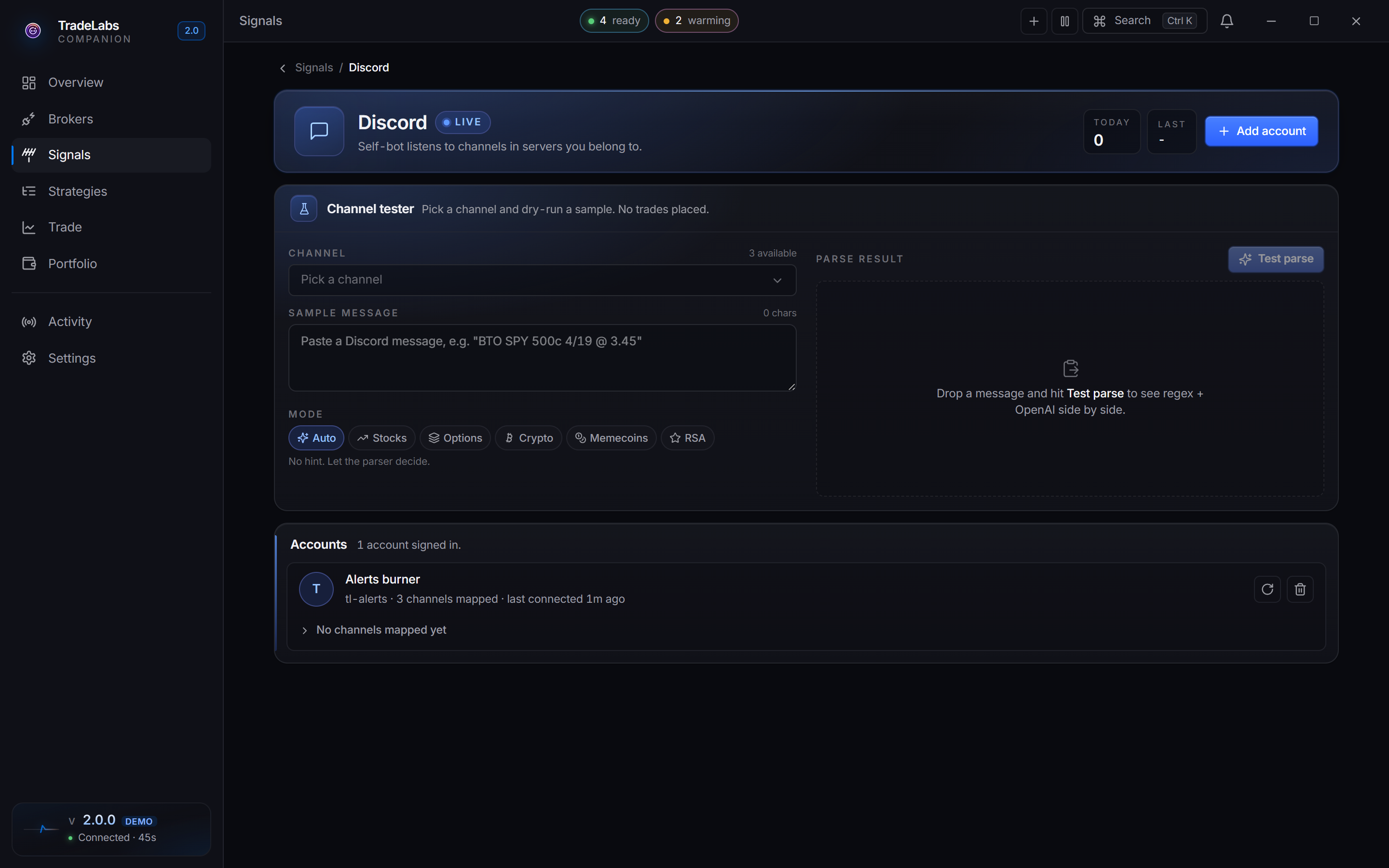 The Discord source page in the Companion App, showing the connected account and the channels it can see