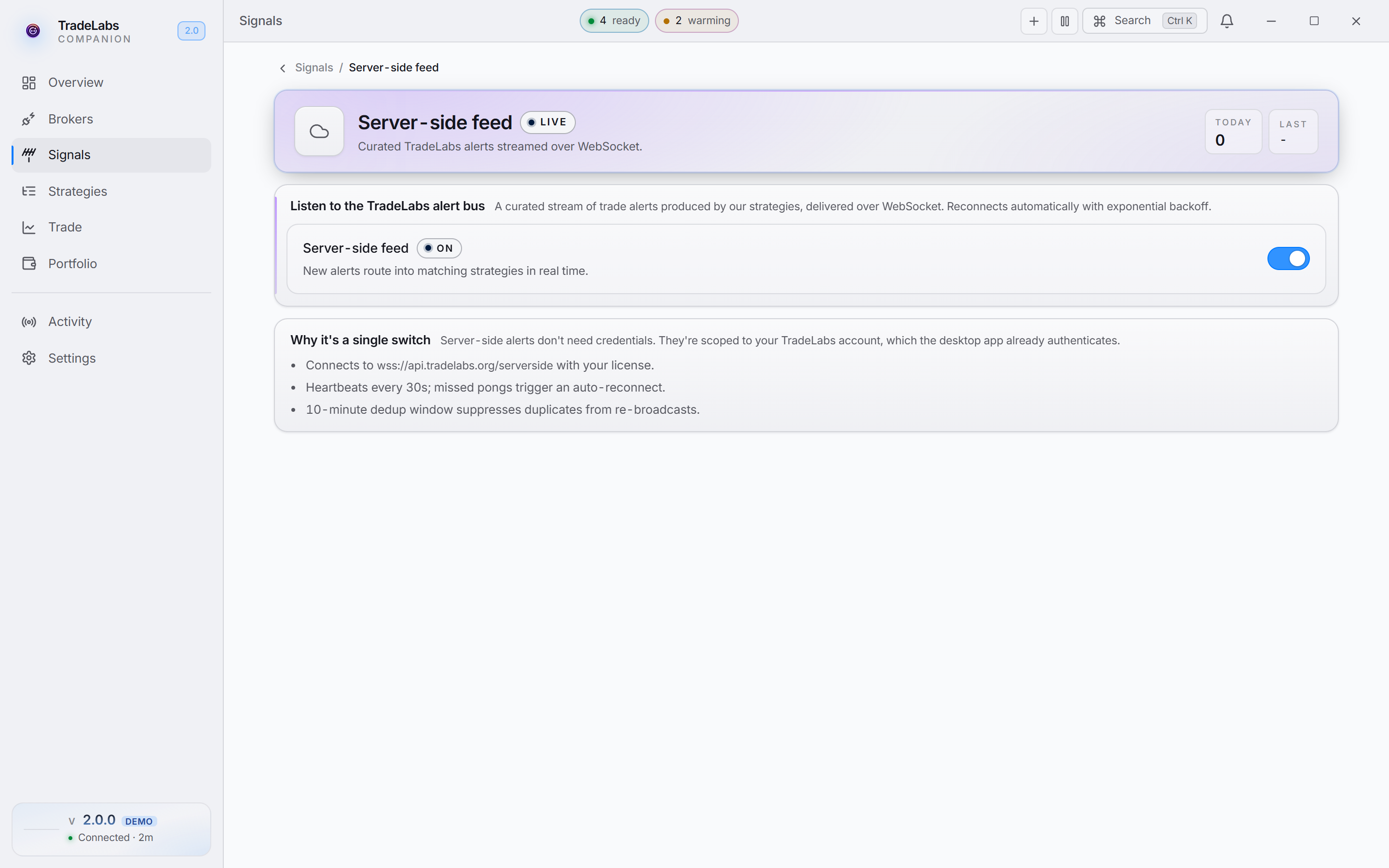 The Server-side feed source page, a single on/off switch