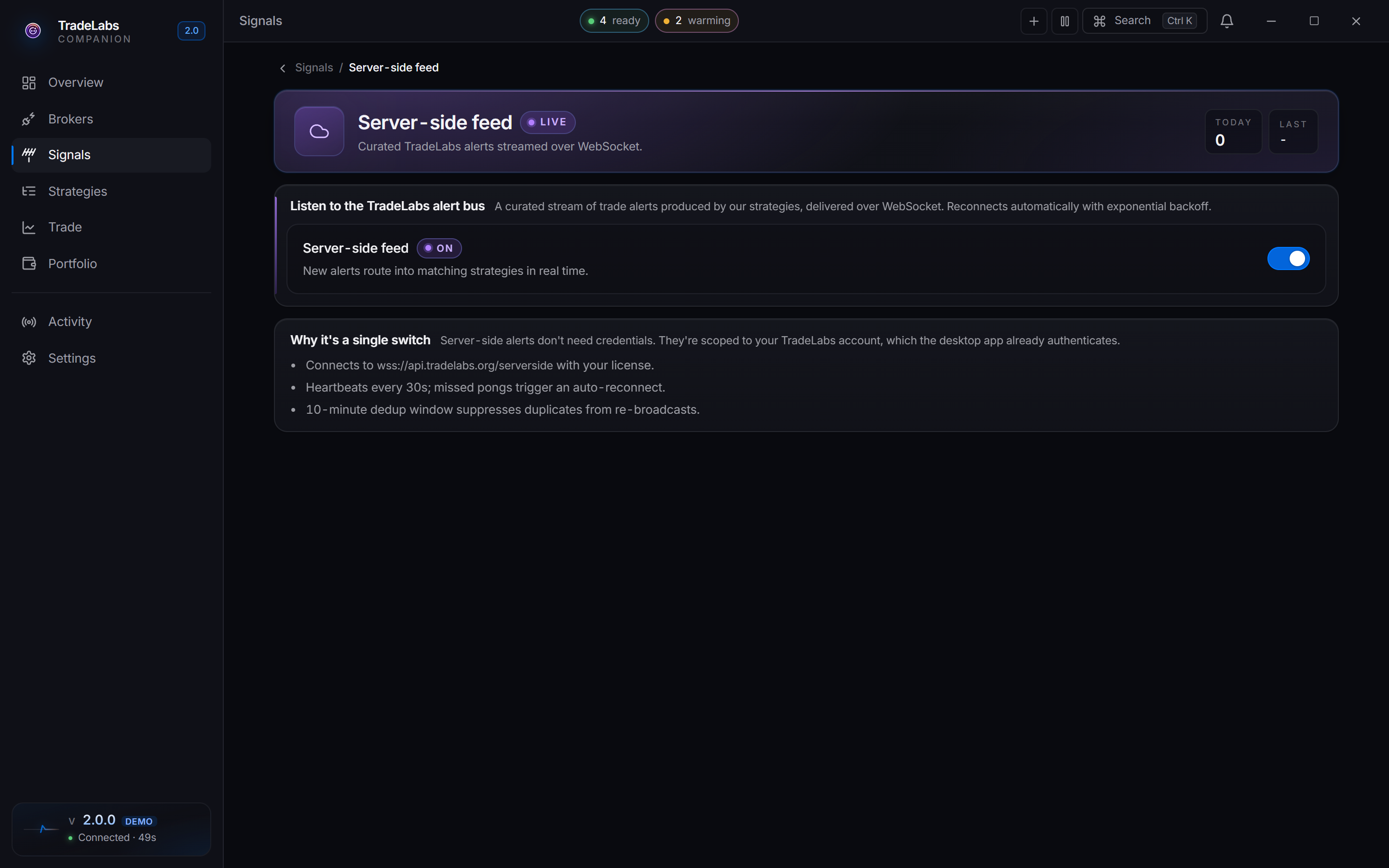 The Server-side feed source page, a single on/off switch