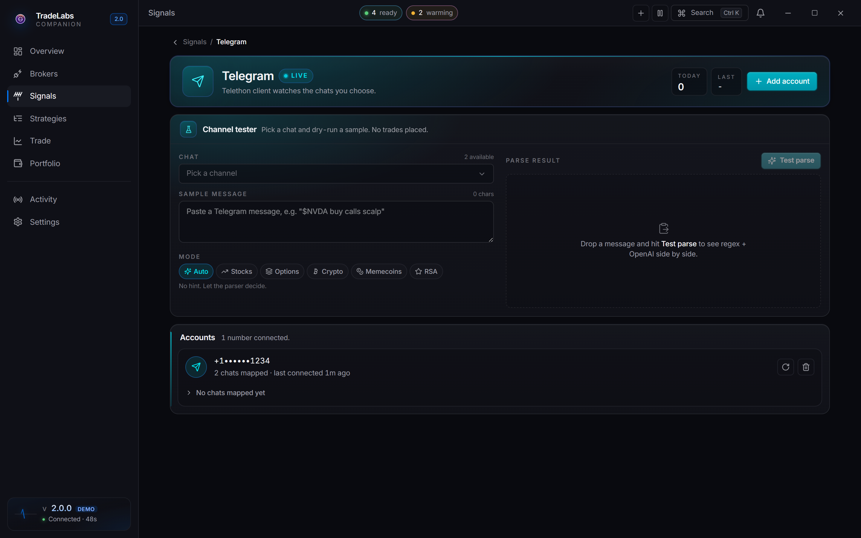 The Telegram source page in the Companion App, showing the connected account and the chats it can see