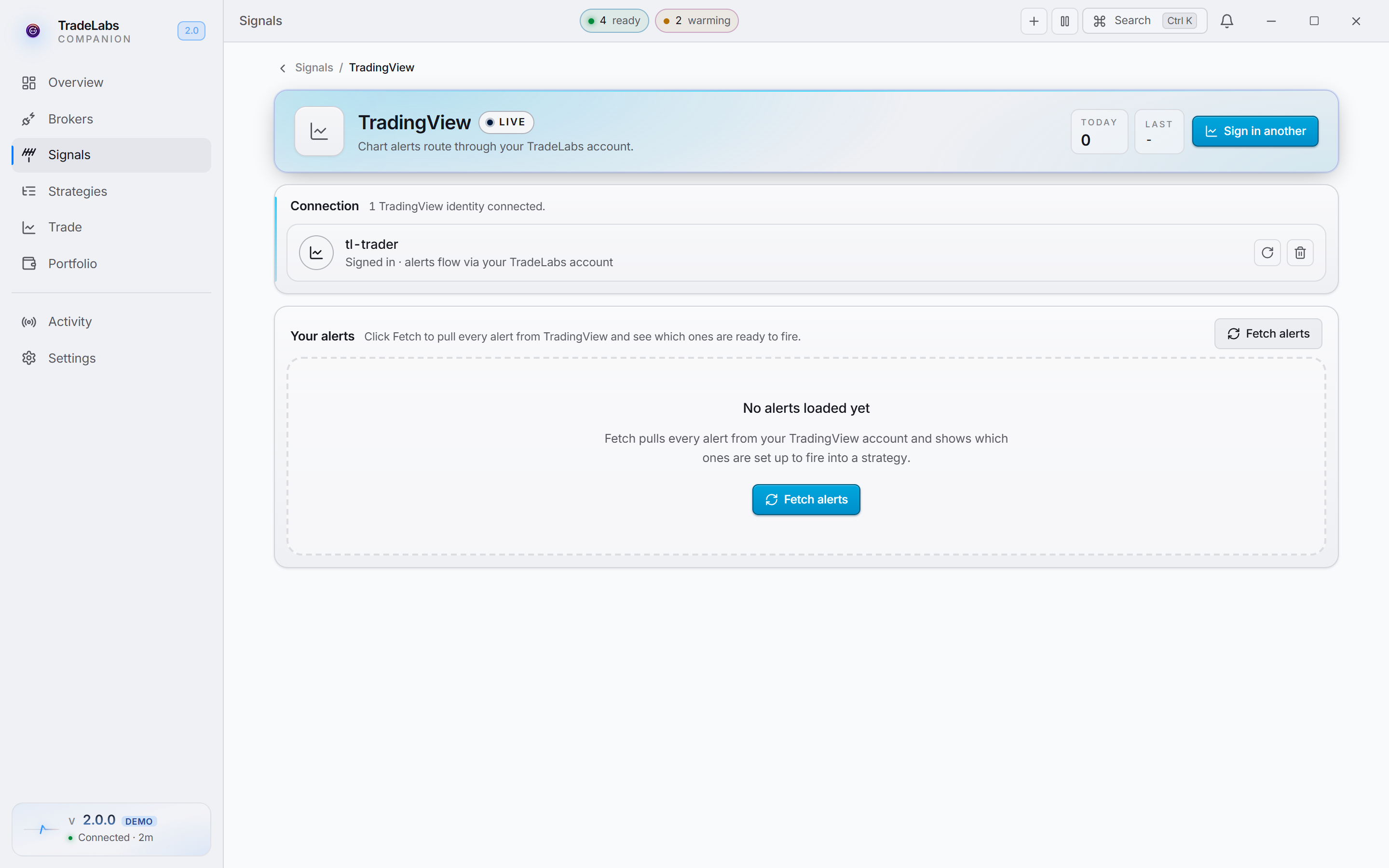The TradingView source page in the Companion App, listing the alerts on the account and which are ready to fire