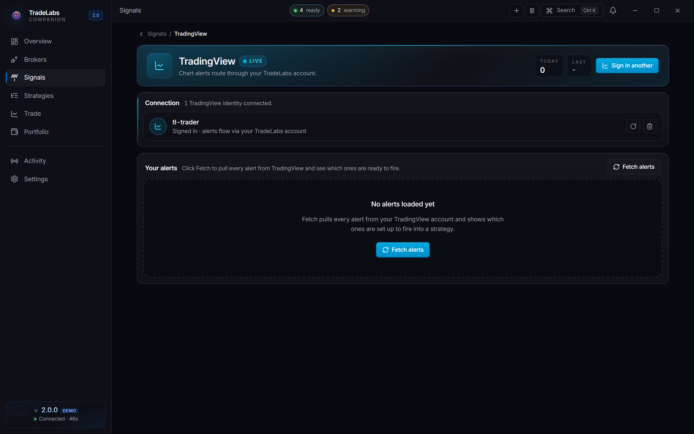 The TradingView source page in the Companion App, listing the alerts on the account and which are ready to fire