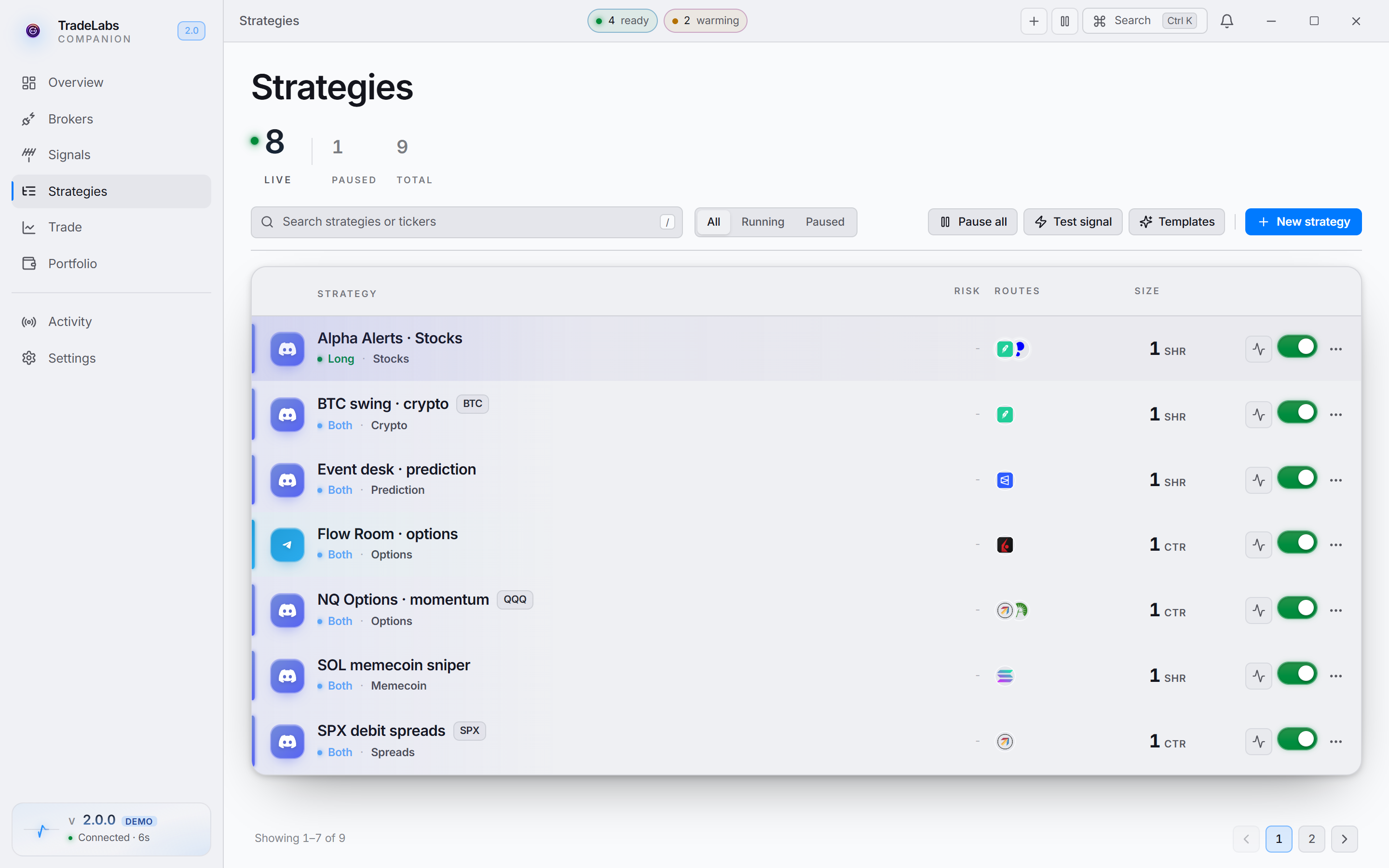 The Strategies page in the Companion App, listing each strategy with its source, instrument and running state
