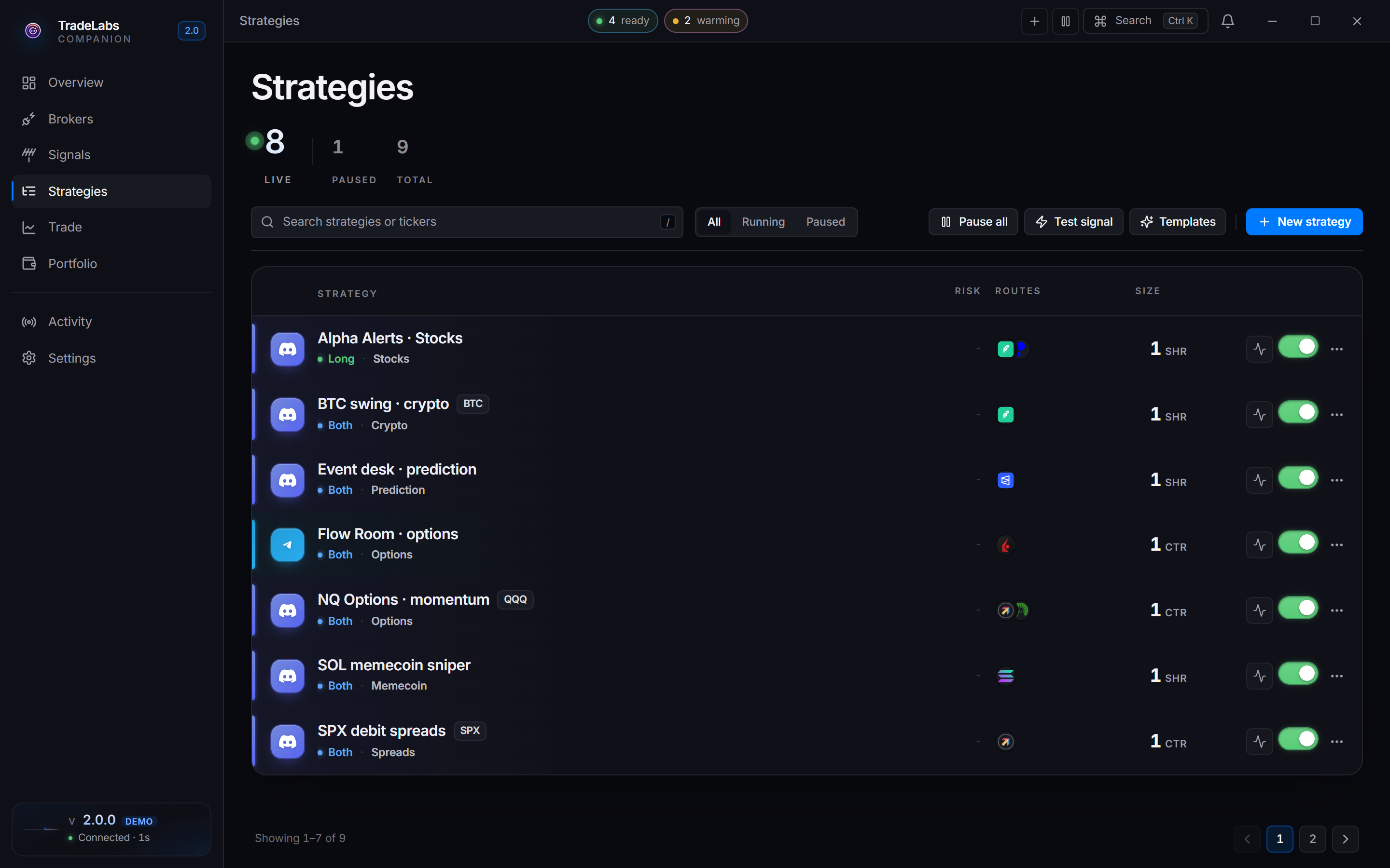 The Strategies page in the Companion App, listing each strategy with its source, instrument and running state