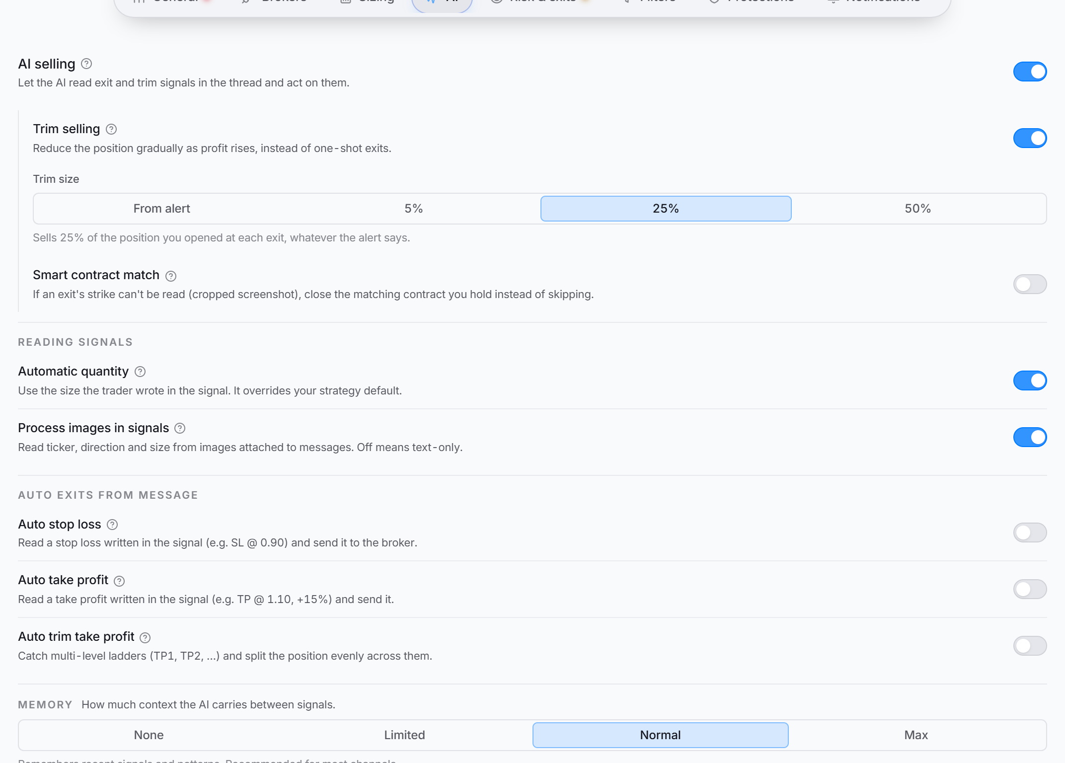 The AI tab of the strategy editor on a Discord options strategy