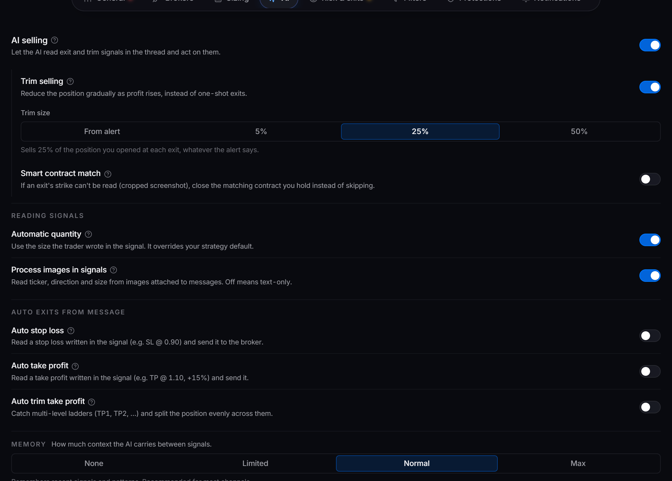 The AI tab of the strategy editor on a Discord options strategy
