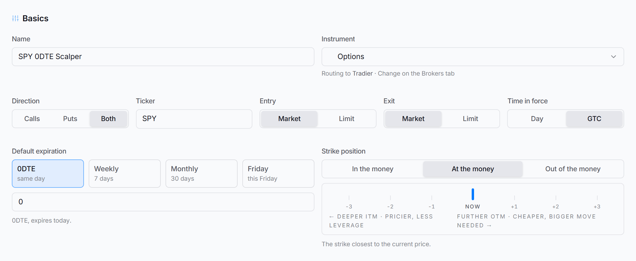 The Basics section of the General tab, with name, instrument, direction, ticker, order types and the options group