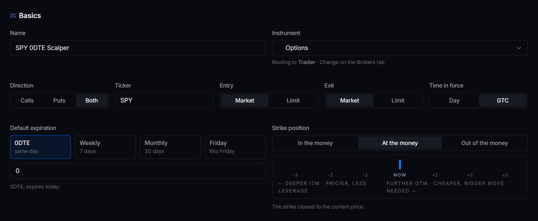 The Basics section of the General tab, with name, instrument, direction, ticker, order types and the options group