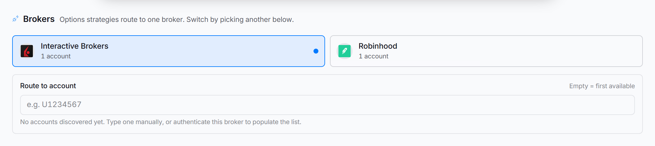 The Brokers tab of the strategy editor, listing the connected broker accounts this strategy can trade into