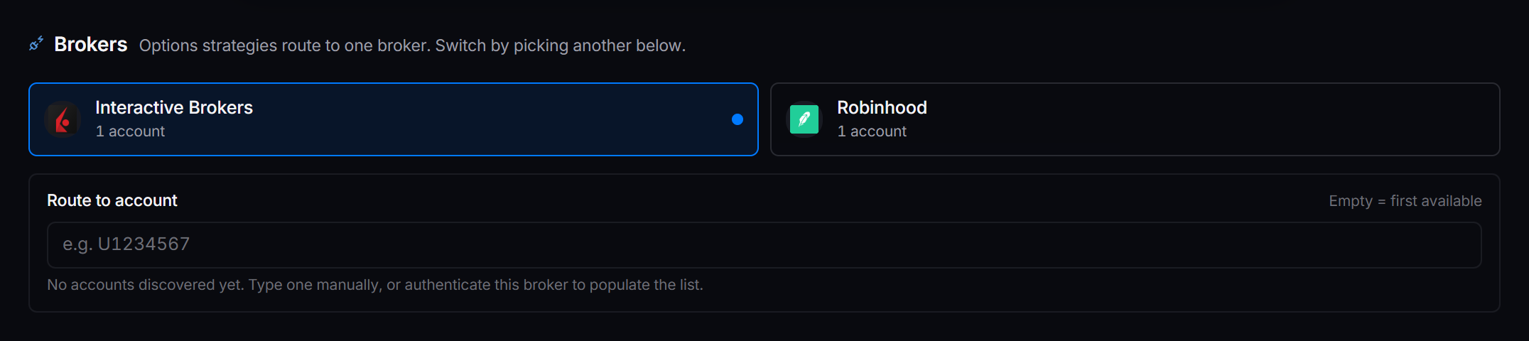 The Brokers tab of the strategy editor, listing the connected broker accounts this strategy can trade into