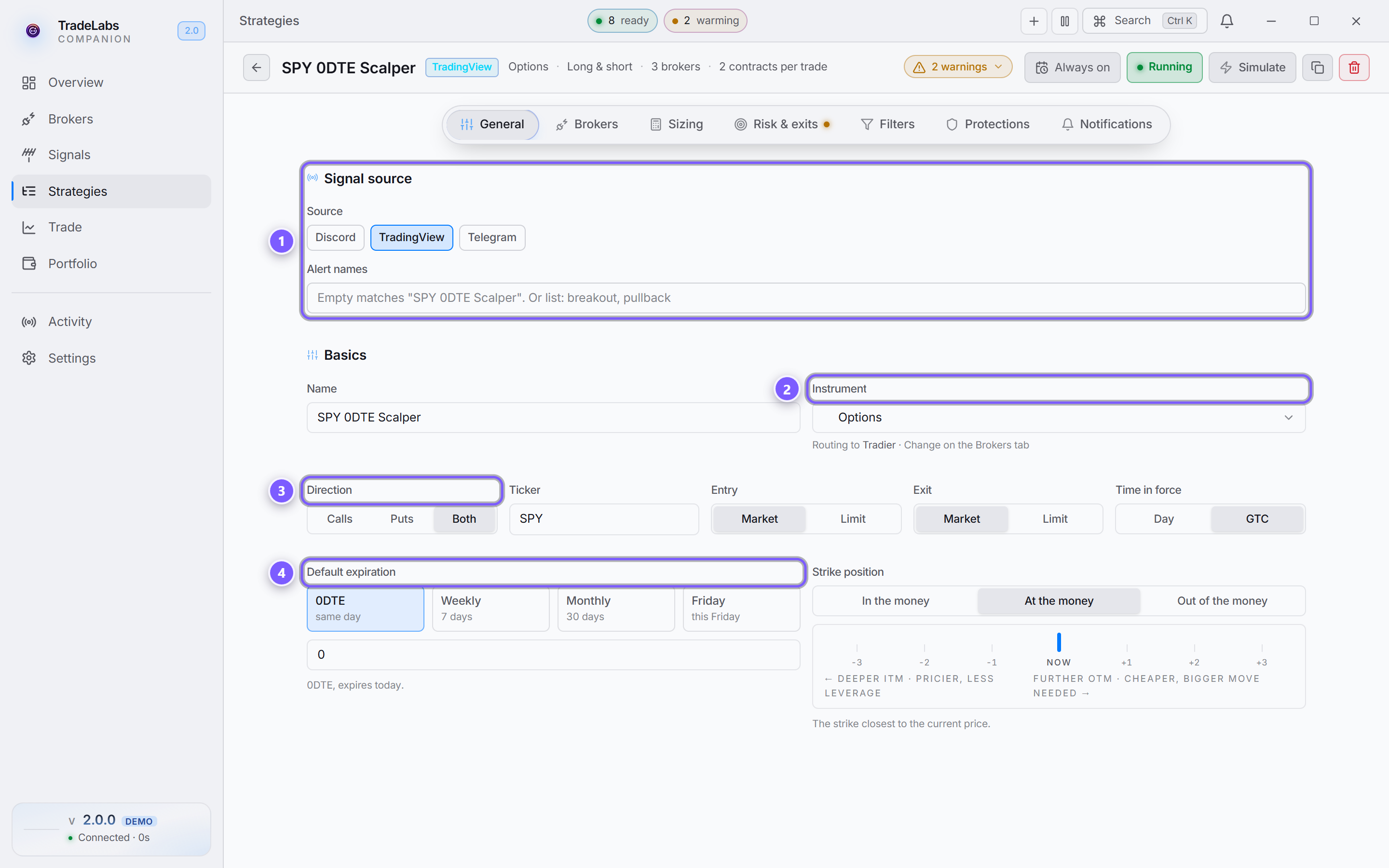 The strategy editor's General tab, with the signal source, instrument, direction and expiration fields marked