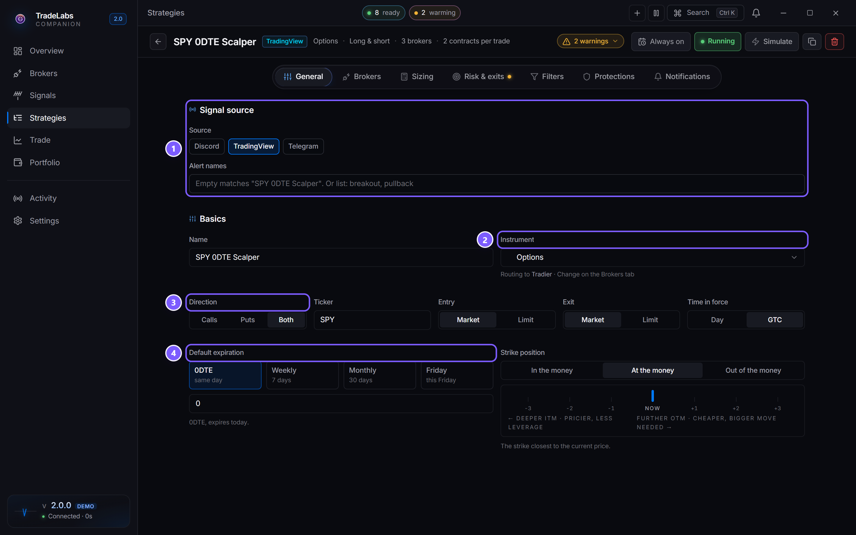 The strategy editor's General tab, with the signal source, instrument, direction and expiration fields marked