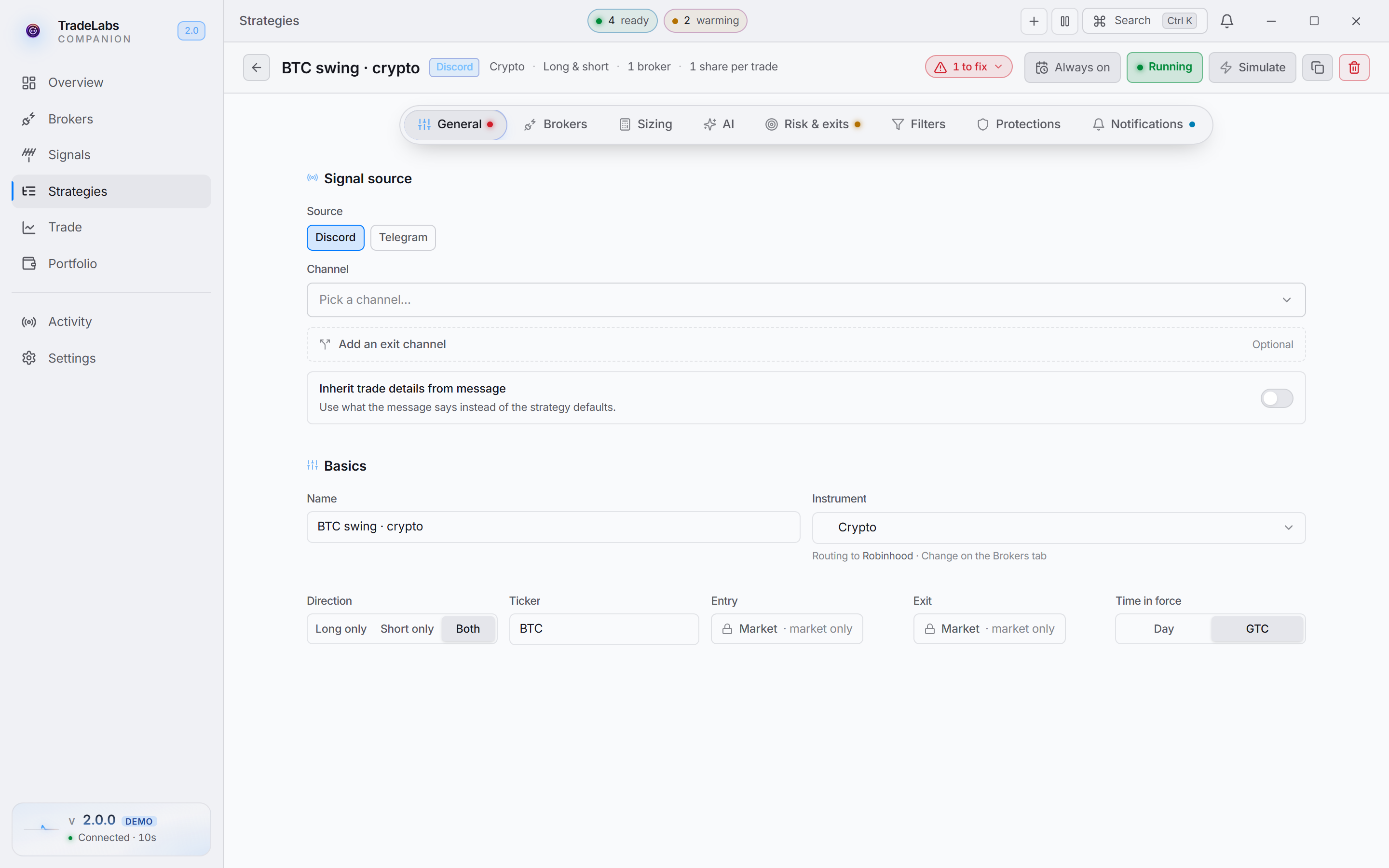 The strategy editor open on a crypto strategy, showing the fields crypto uses