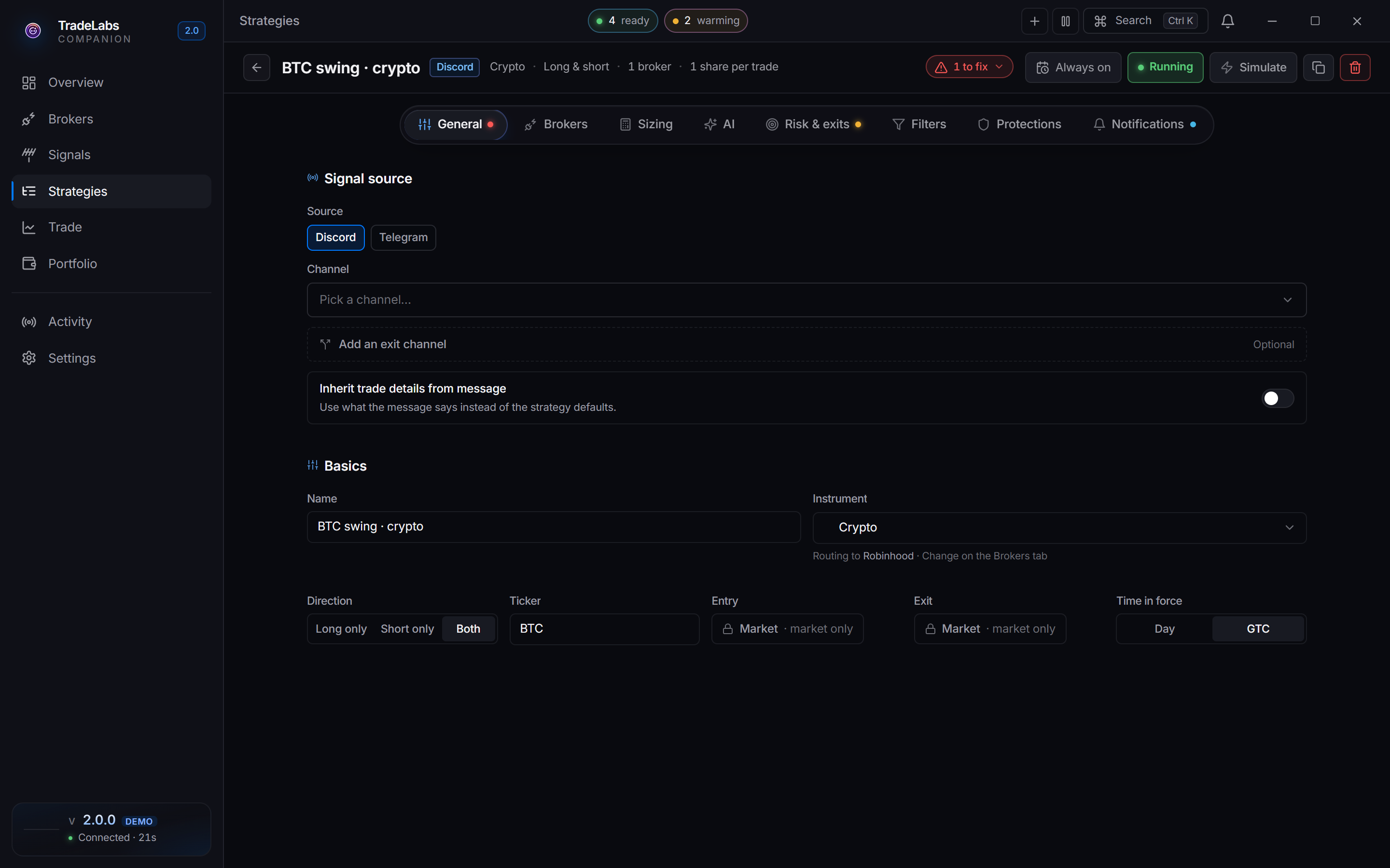 The strategy editor open on a crypto strategy, showing the fields crypto uses