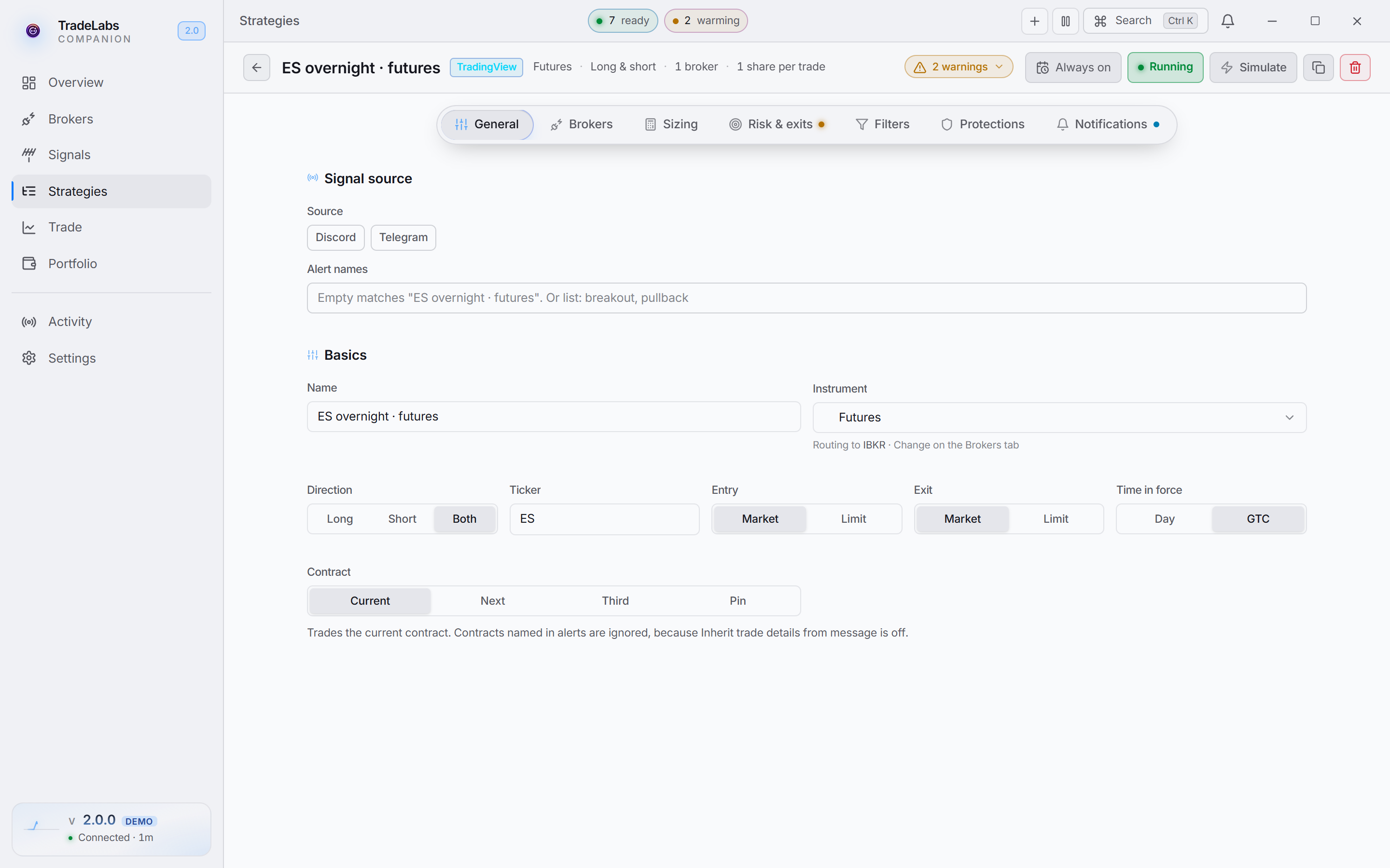 The strategy editor open on a futures strategy, routed to Interactive Brokers