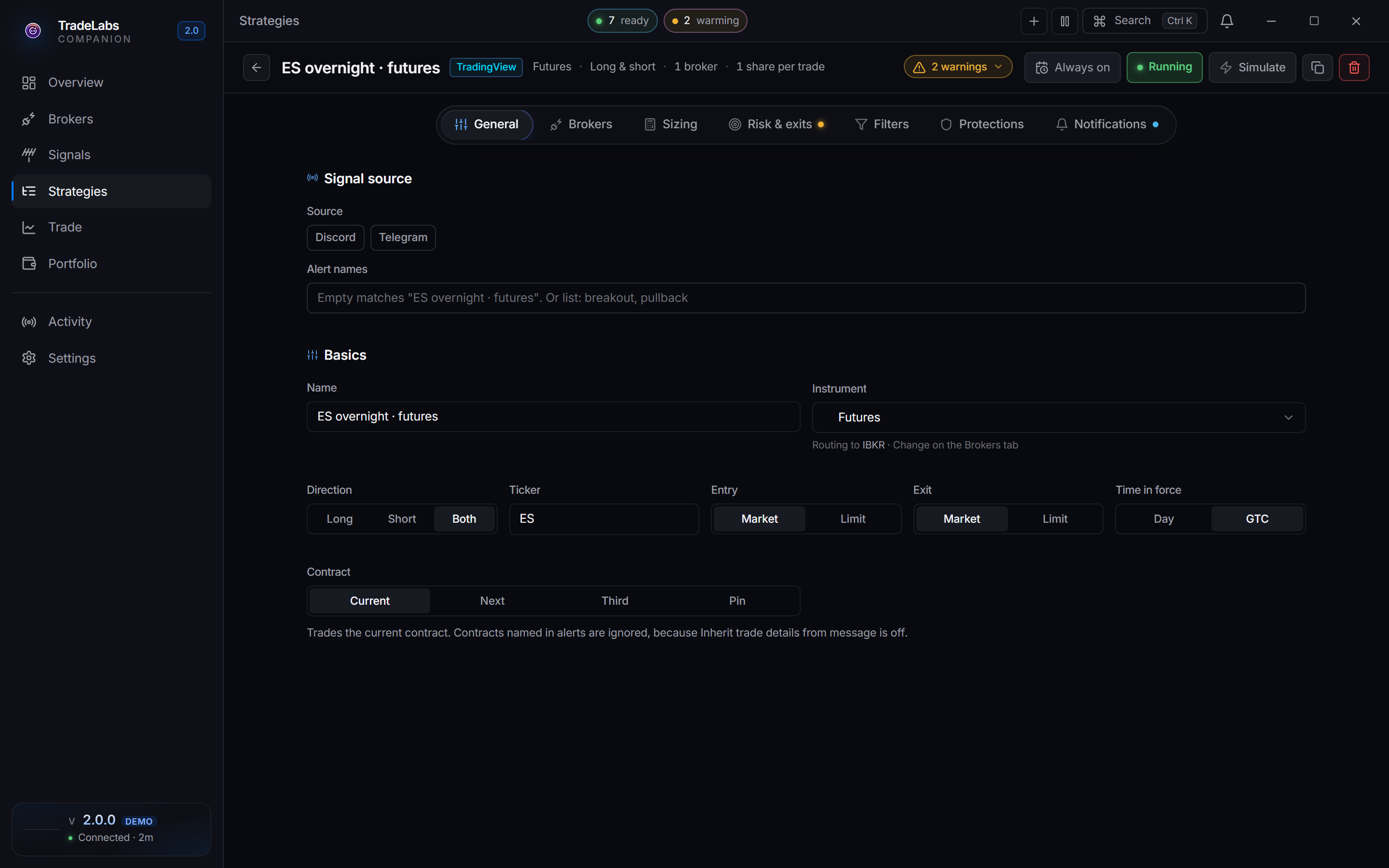 The strategy editor open on a futures strategy, routed to Interactive Brokers
