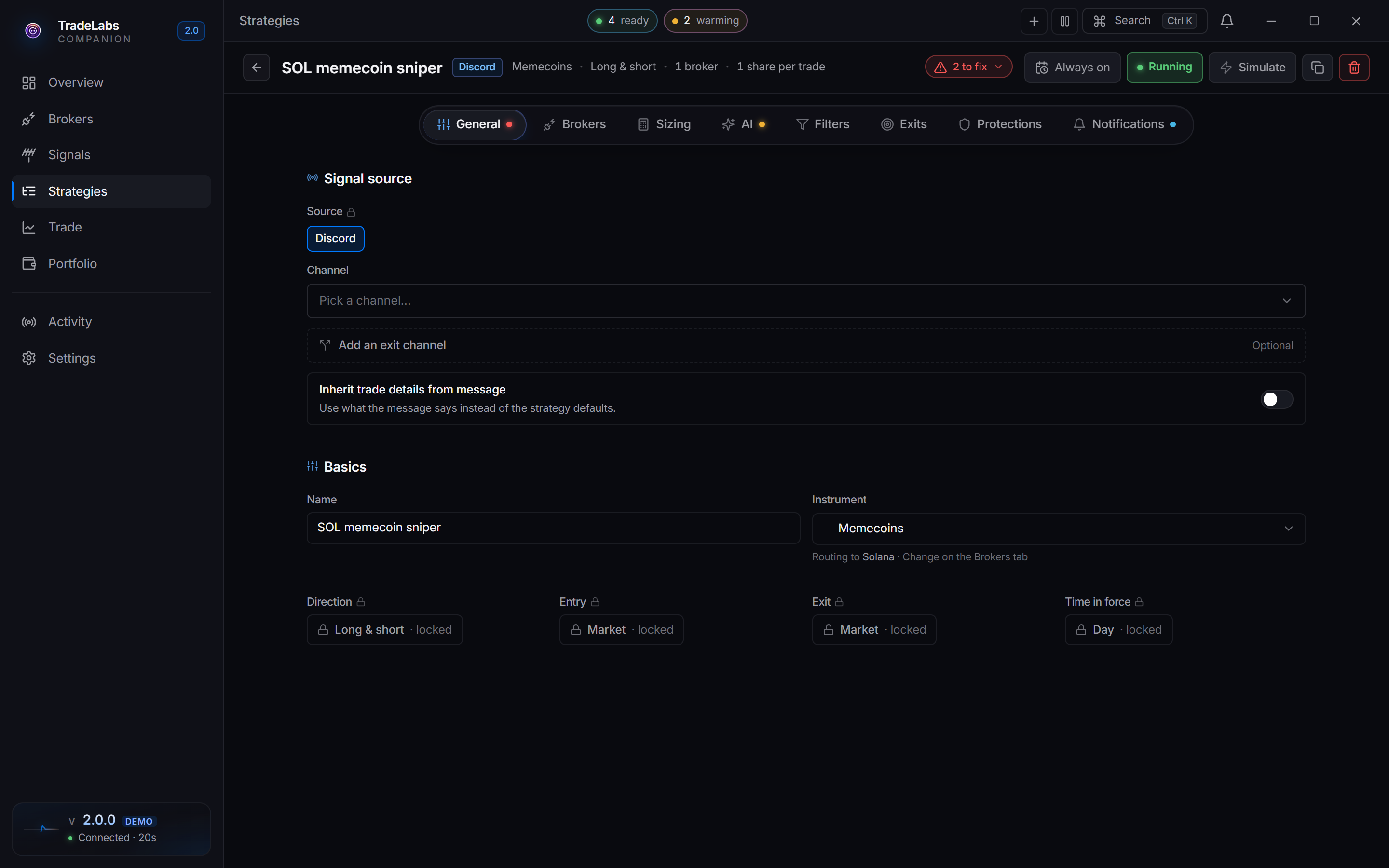 The strategy editor open on a memecoin strategy