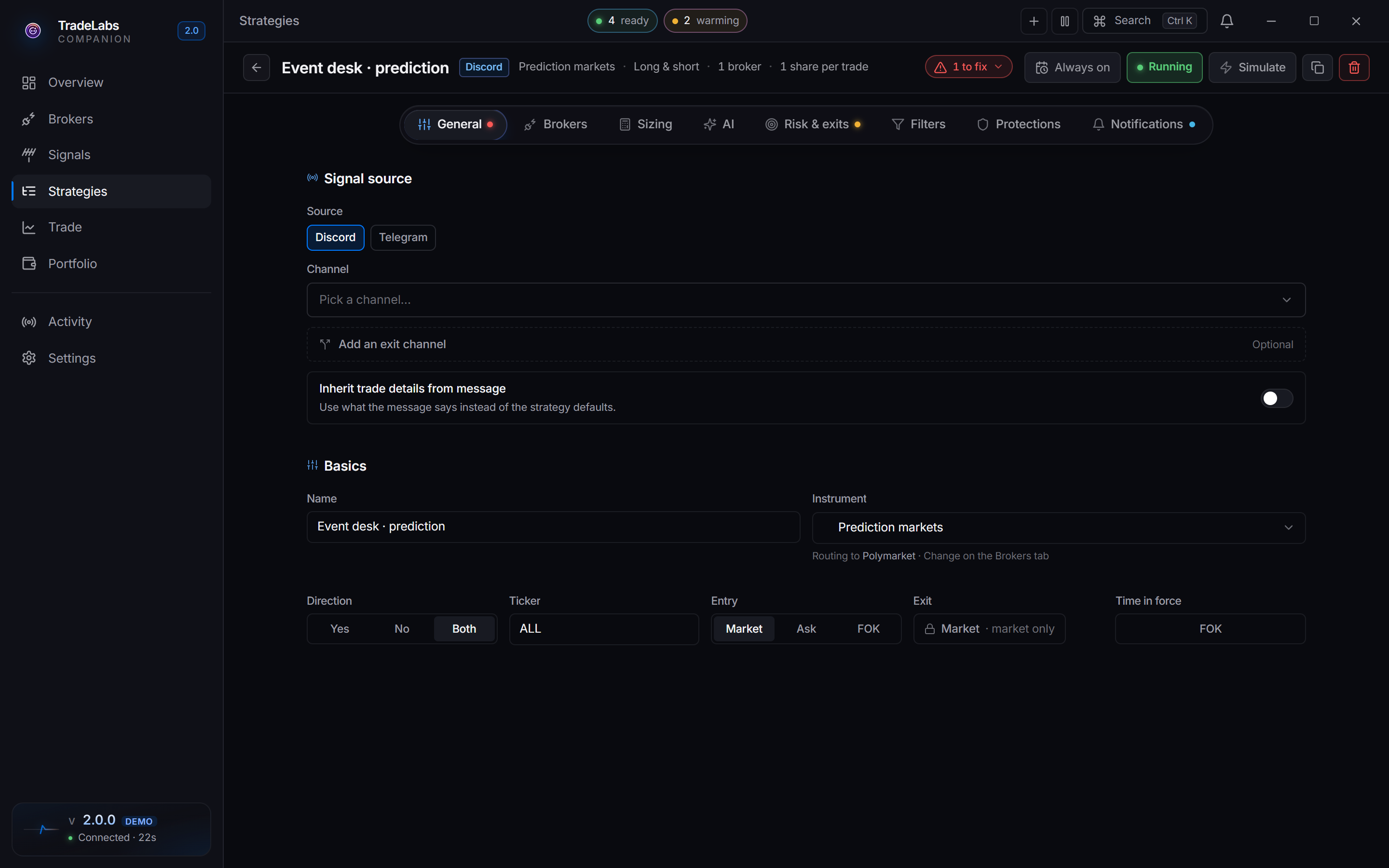 The strategy editor open on a prediction-markets strategy