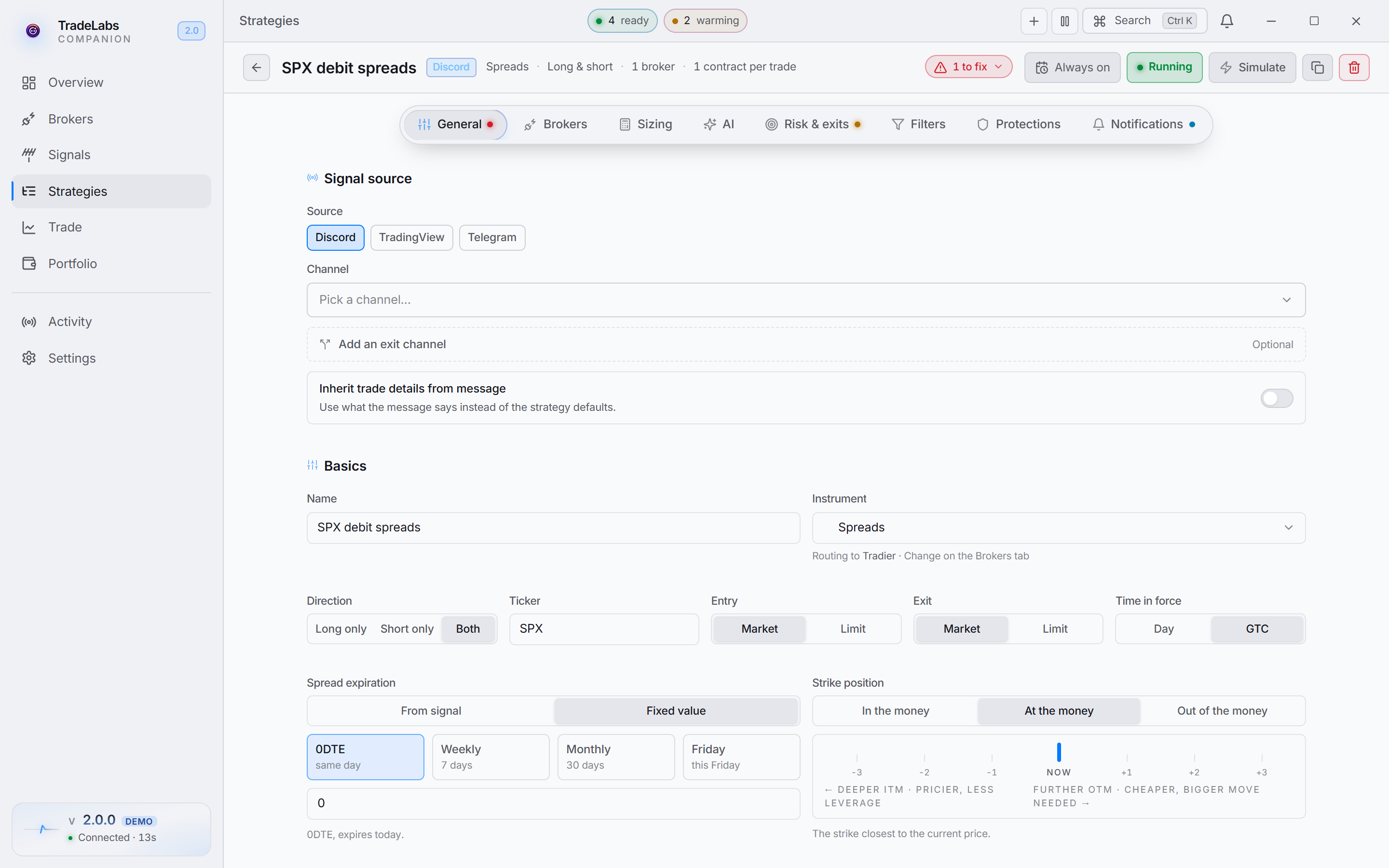 The strategy editor open on a spreads strategy