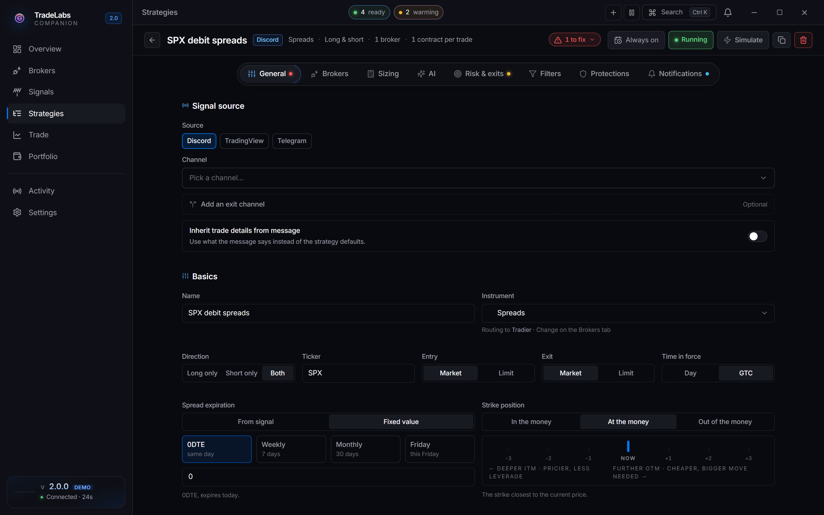 The strategy editor open on a spreads strategy