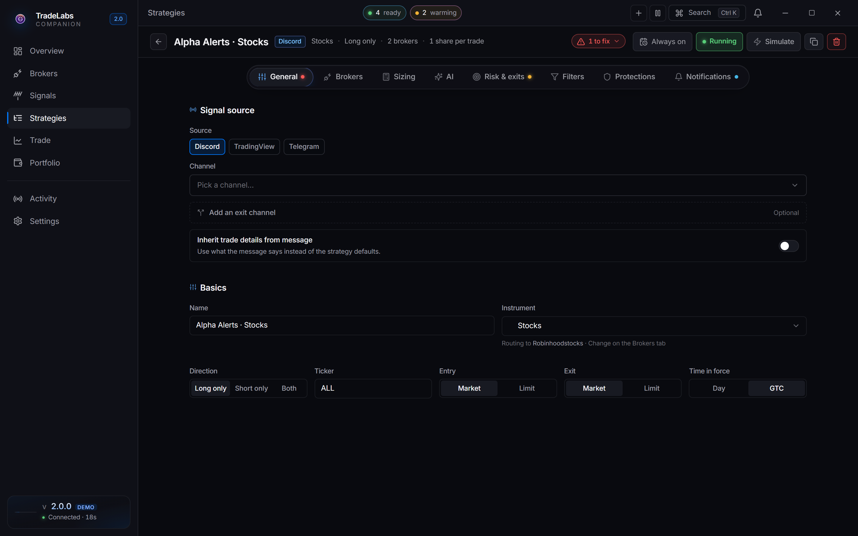 The strategy editor open on a stocks strategy