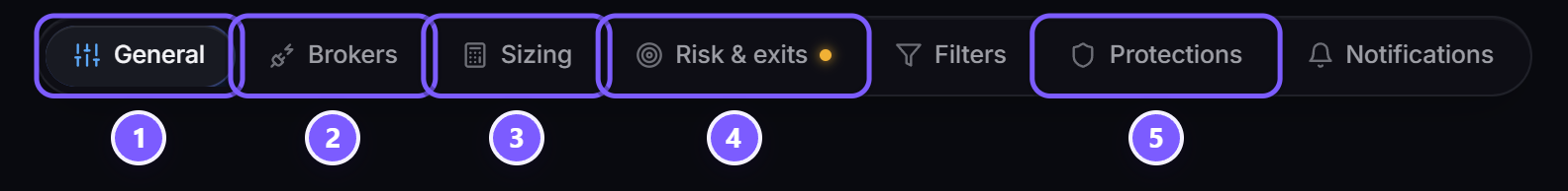 The strategy editor's tab strip: General, Brokers, Sizing, Risk and exits, Filters, Protections, Notifications
