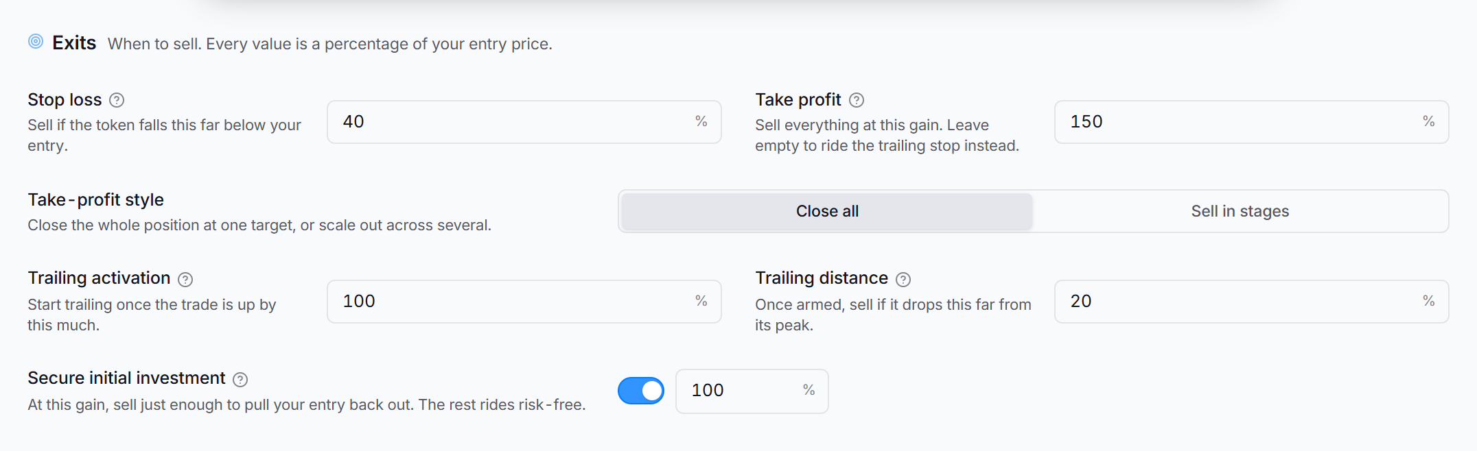 The Exits tab on a memecoin strategy