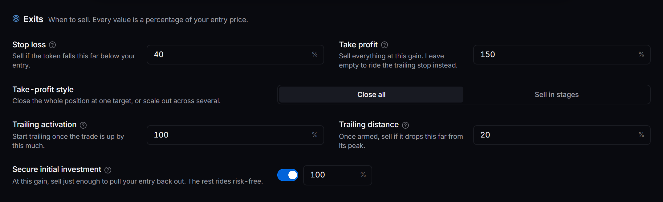 The Exits tab on a memecoin strategy