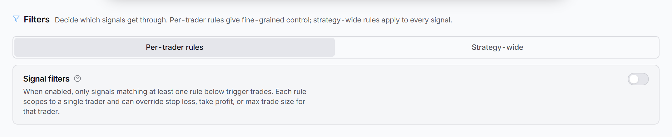 The Filters tab of the strategy editor, with the Per-trader rules and Strategy-wide sub-tabs