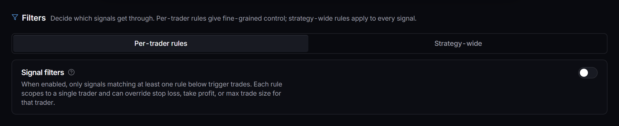 The Filters tab of the strategy editor, with the Per-trader rules and Strategy-wide sub-tabs