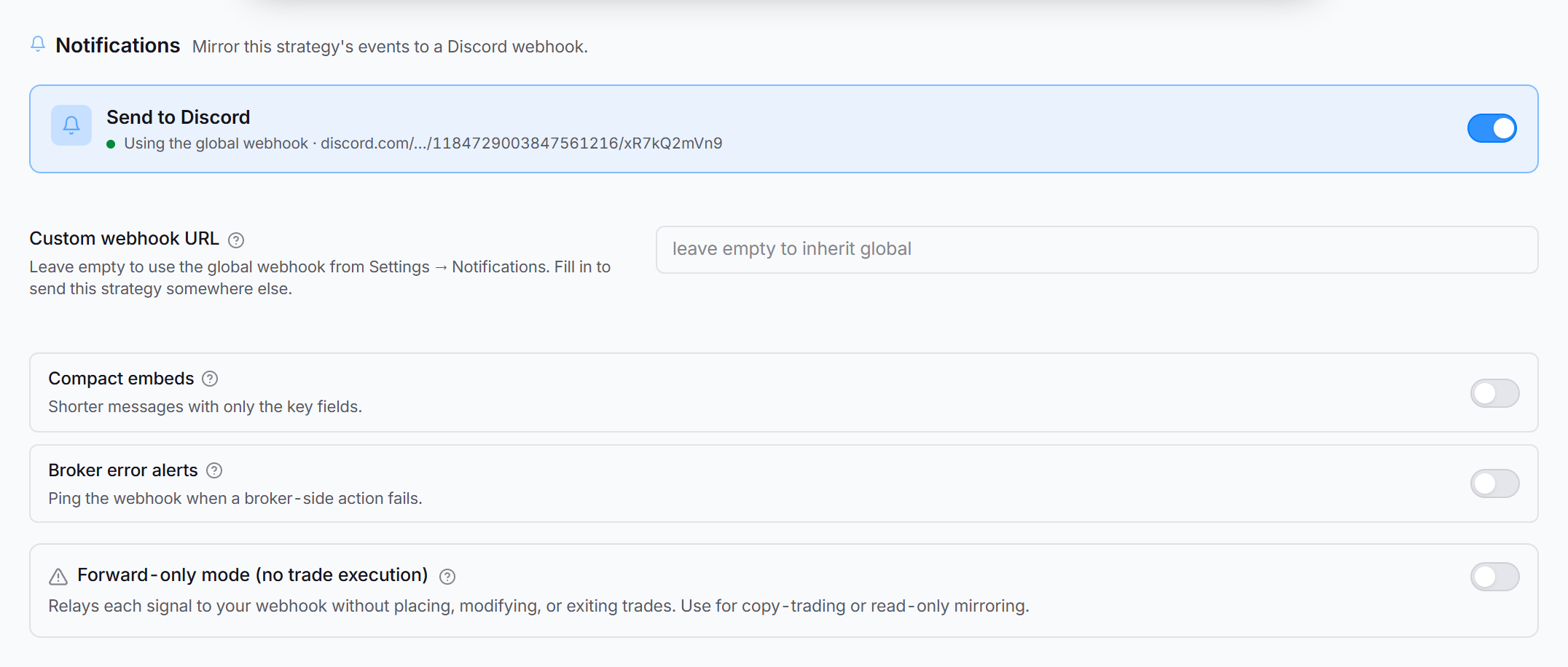 The Notifications tab of the strategy editor, with the Send to Discord master switch on and the webhook, message options and forward-only card below it