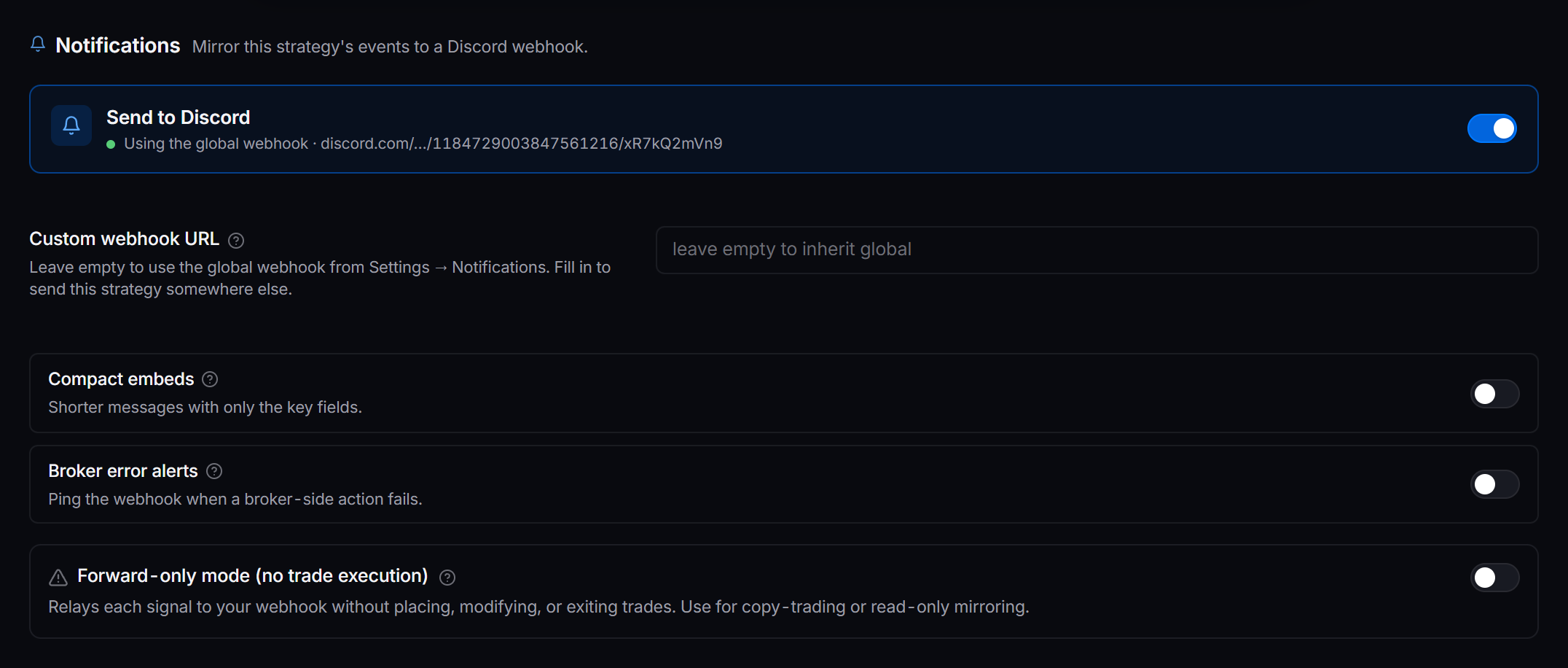 The Notifications tab of the strategy editor, with the Send to Discord master switch on and the webhook, message options and forward-only card below it