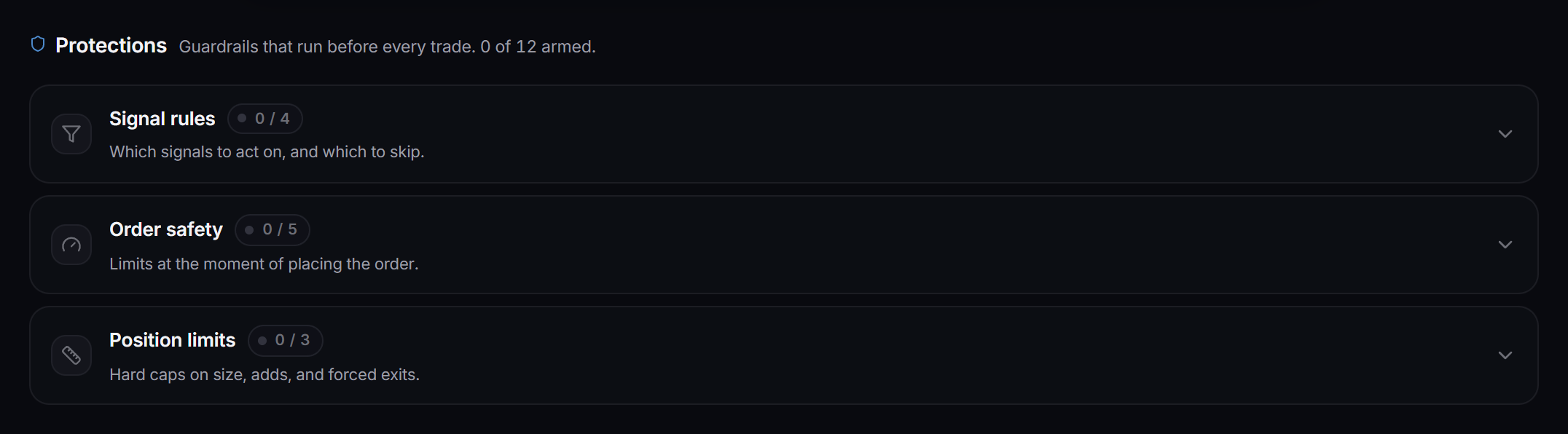 The Protections tab of the strategy editor, with duplicate protection, slippage cap and maximum trade value